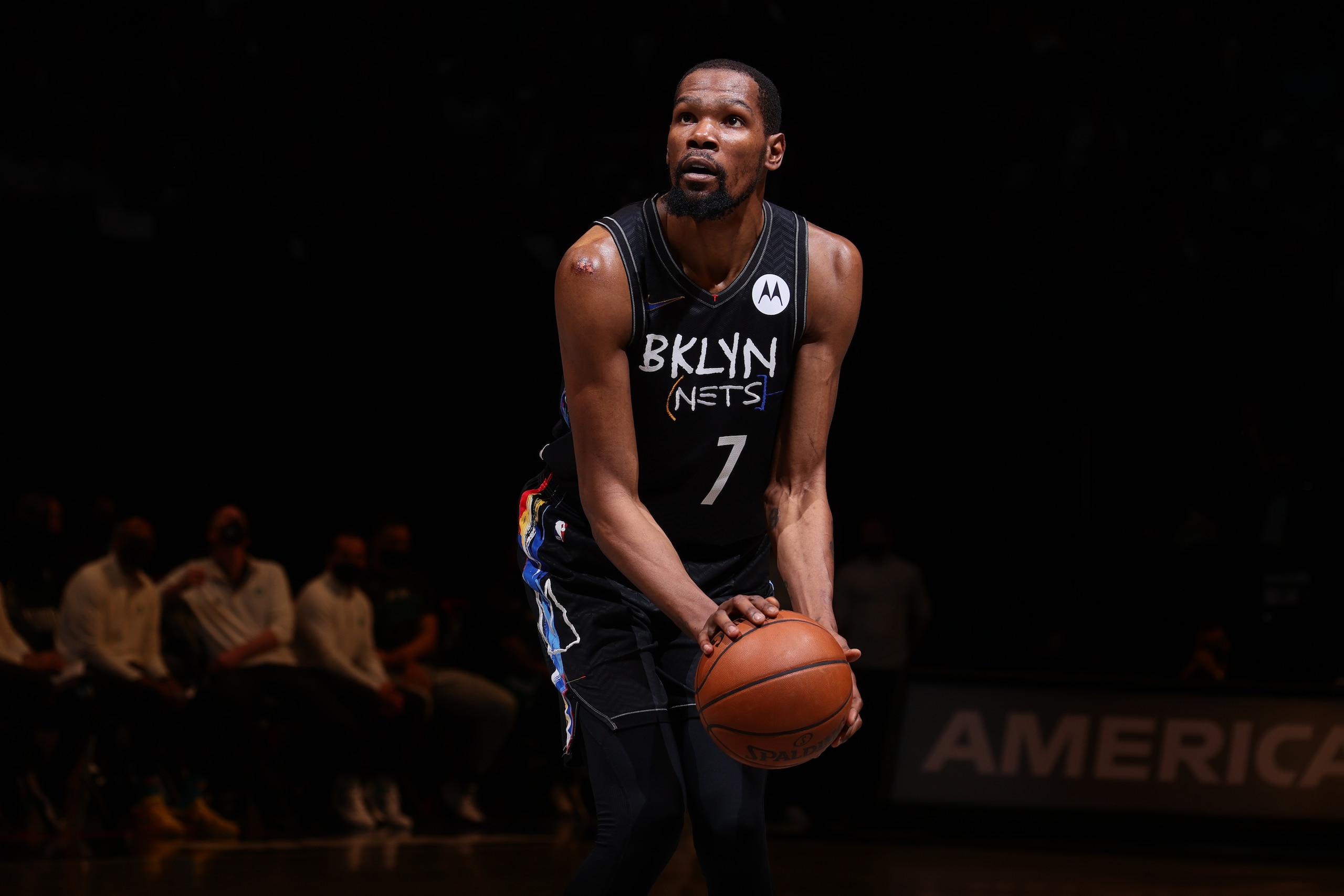 BROOKLYN, NY - MAY 25: Kevin Durant #7 of the Brooklyn Nets shoots a free throw against the Boston Celtics during Round 1, Game 2 of the 2021 NBA Playoffs on May 25, 2021 at Barclays Center in Brooklyn, New York. NOTE TO USER: User expressly acknowledges and agrees that, by downloading and or using this Photograph, user is consenting to the terms and conditions of the Getty Images License Agreement. Mandatory Copyright Notice: Copyright 2021 NBAE (Photo by Nathaniel S. Butler/NBAE via Getty Images)