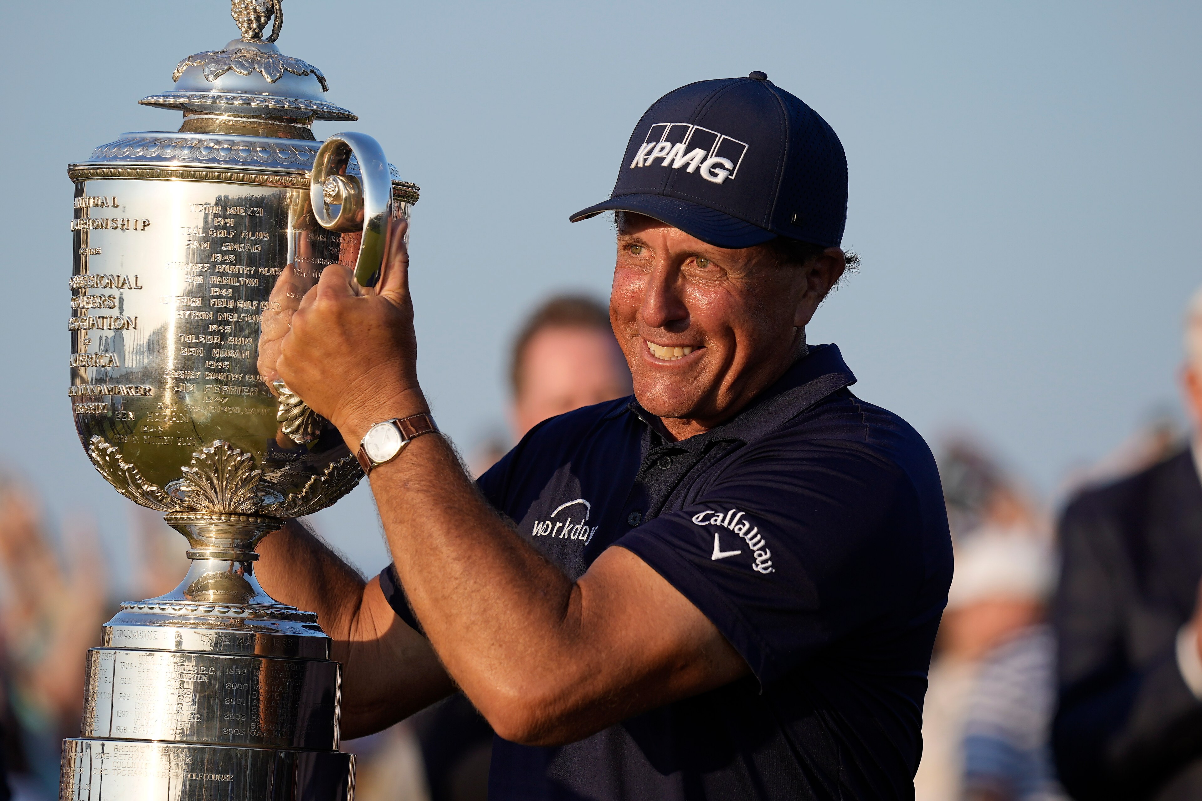 Phil Mickelson holds the Wanamaker Trophy after winning the PGA Championship golf tournament on the Ocean Course, Sunday, May 23, 2021, in Kiawah Island, S.C. (AP Photo/David J. Phillip) Phil Mickelson holds the Wanamaker Trophy after winning the PGA Championship golf tournament on the Ocean Course, Sunday, May 23, 2021, in Kiawah Island, S.C. (AP Photo/David J. Phillip)