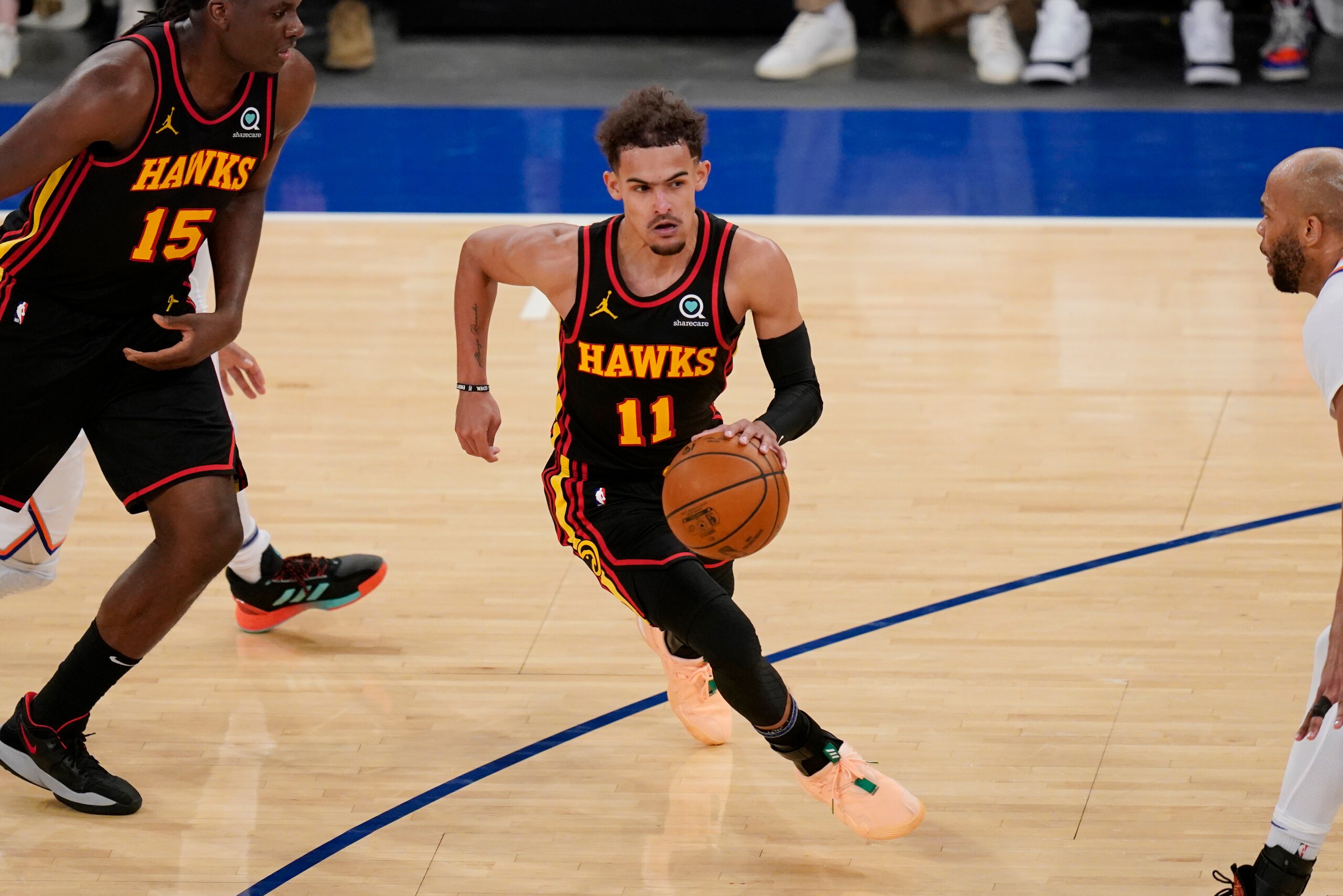 Atlanta Hawks' Trae Young during the second half of Game 1 of an NBA basketball first-round playoff series against the New York Knicks, Sunday, May 23, 2021, in New York. The Hawks defeated the Knicks 107-105. (AP Photo/Seth Wenig, Pool) Atlanta Hawks' Trae Young during the second half of Game 1 of an NBA basketball first-round playoff series against the New York Knicks, Sunday, May 23, 2021, in New York. The Hawks defeated the Knicks 107-105. (AP Photo/Seth Wenig, Pool)