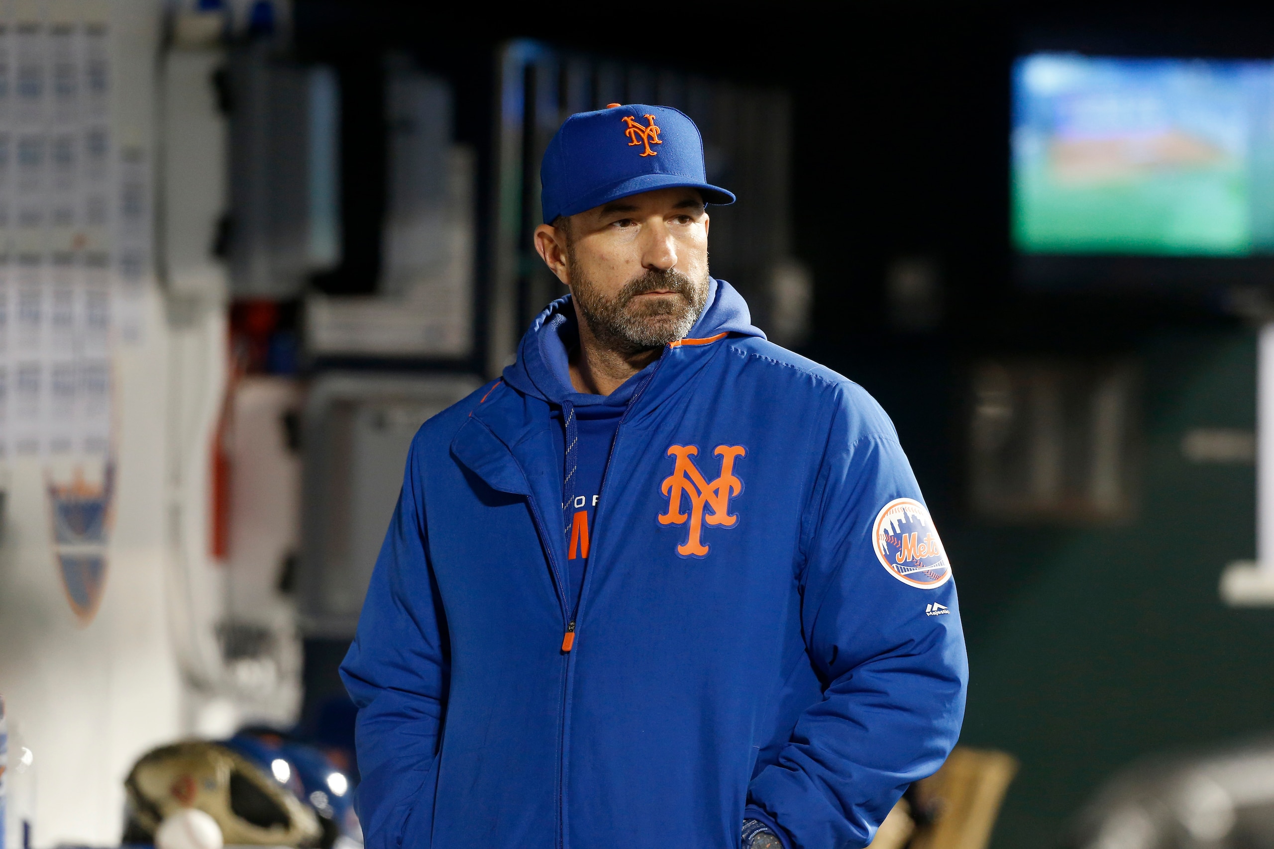 NEW YORK, NEW YORK - SEPTEMBER 06: (NEW YORK DAILIES OUT)  Manager Mickey Callaway #36 of the New York Mets in action against the Philadelphia Phillies at Citi Field on September 06, 2019 in New York City. The Mets defeated the Phillies 5-4. (Photo by Jim McIsaac/Getty Images)