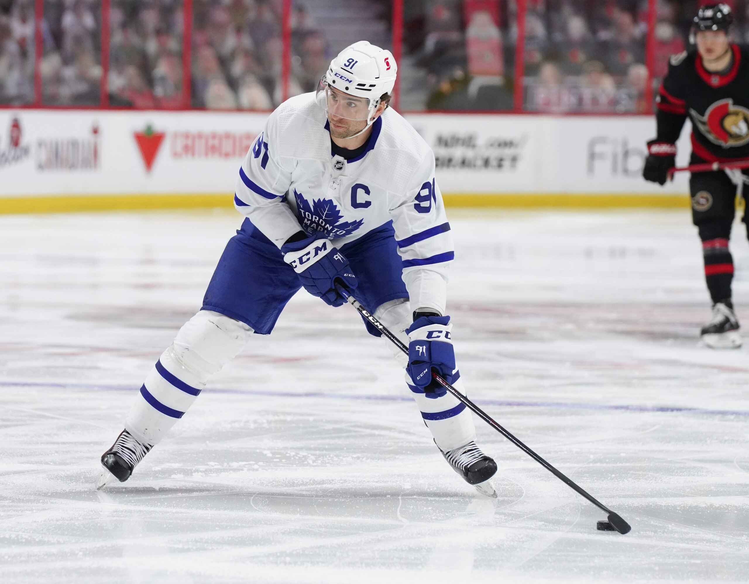 OTTAWA, ON - MAY 12:  John Tavares #91 of the Toronto Maple Leafs skates against the Ottawa Senators at Canadian Tire Centre on May 12, 2021 in Ottawa, Ontario, Canada.  (Photo by André Ringuette/NHLI via Getty Images)