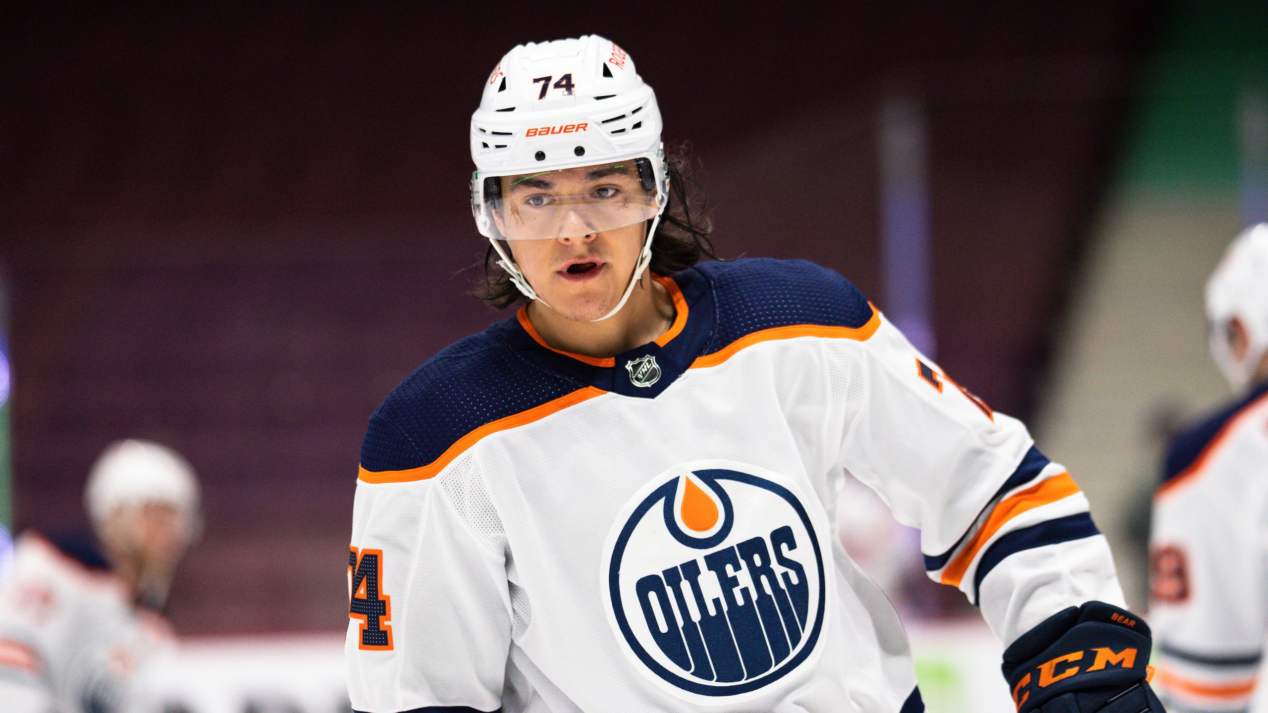 Edmonton Oilers' Ethan Bear (74) during an NHL hockey game, Monday, May 3, 2021, in Vancouver, Canada. (AP Photo/Nick Didlick) Edmonton Oilers' Ethan Bear (74) during an NHL hockey game, Monday, May 3, 2021, in Vancouver, Canada. (AP Photo/Nick Didlick)