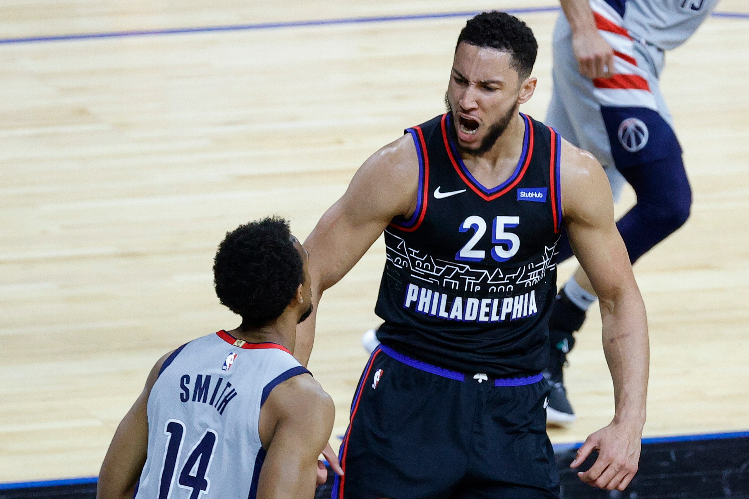 PHILADELPHIA, PENNSYLVANIA - MAY 26: Ben Simmons #25 of the Philadelphia 76ers celebrates a dunk during the first quarter against the Washington Wizards during Game Two of the Eastern Conference first round series at Wells Fargo Center on May 26, 2021 in Philadelphia, Pennsylvania. NOTE TO USER: User expressly acknowledges and agrees that, by downloading and or using this photograph, User is consenting to the terms and conditions of the Getty Images License Agreement.  (Photo by Tim Nwachukwu/Getty Images)