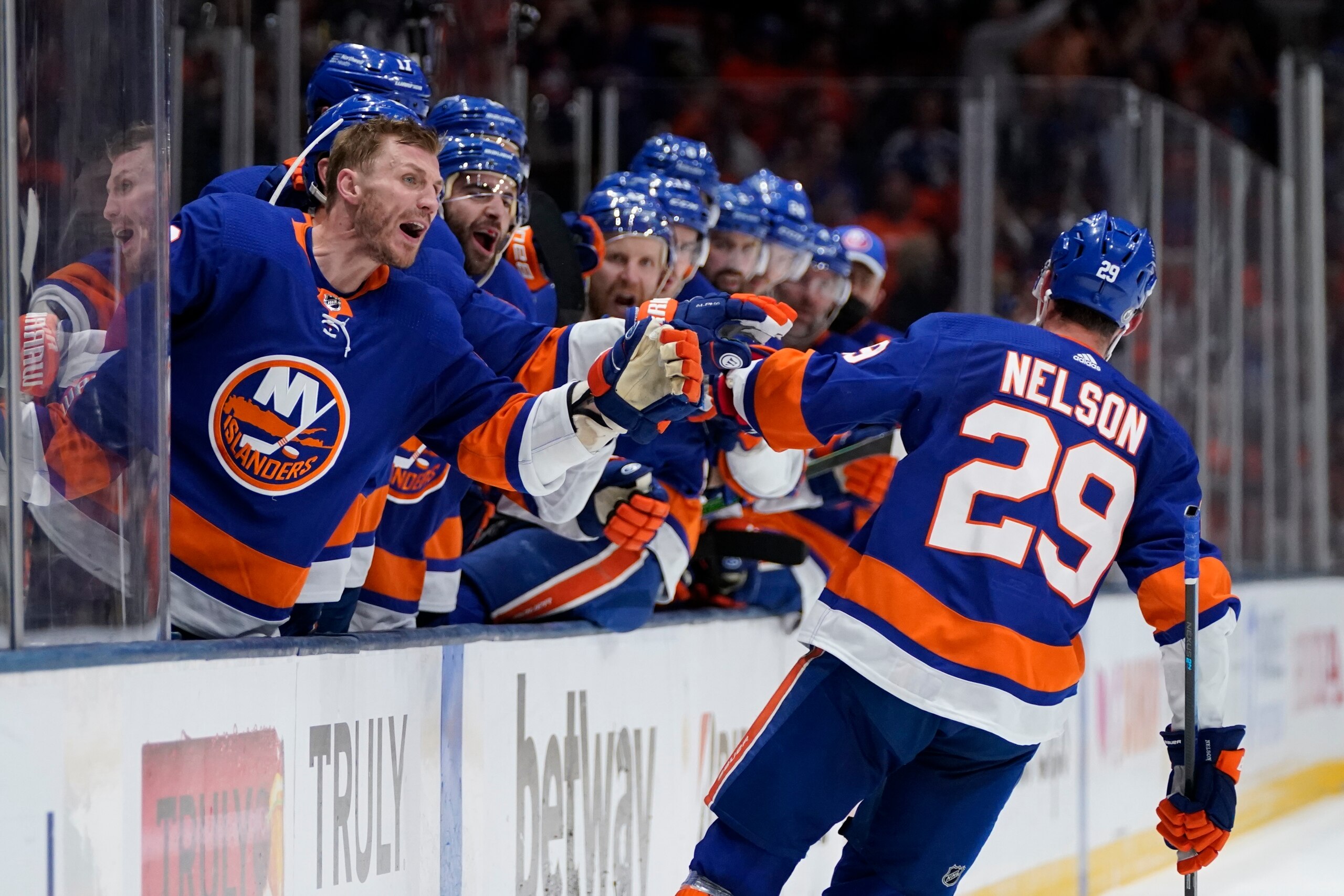 New York Islanders' Brock Nelson (29) celebrates with teammates after scoring a goal during the second period of Game 6 of an NHL hockey Stanley Cup first-round playoff series against the Pittsburgh Penguins, Wednesday, May 26, 2021, in Uniondale, N.Y. (AP Photo/Frank Franklin II)
