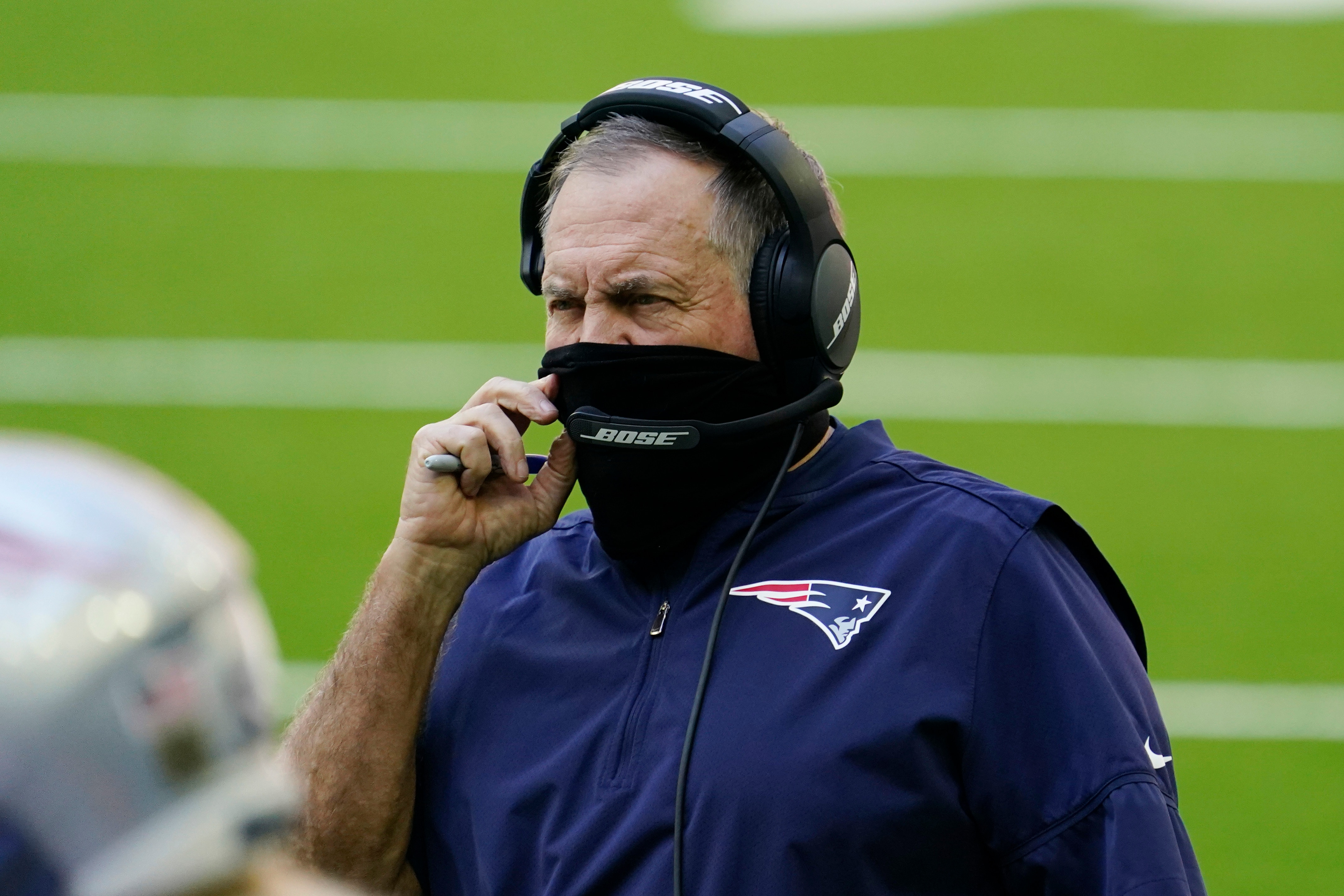 New England Patriots head coach Bill Belichick during the first half of an NFL football game against the Houston Texans, Sunday, Nov. 22, 2020, in Houston. (AP Photo/David J. Phillip)