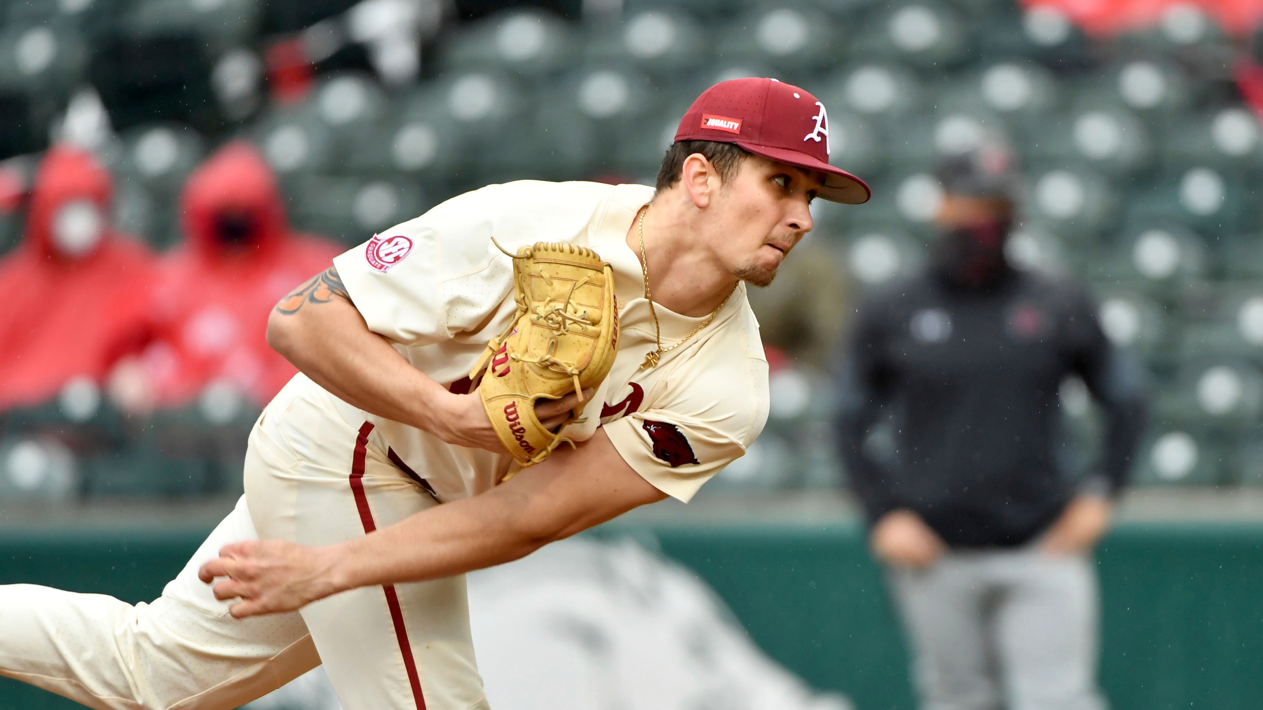 Arkansas pitcher Lael Lockhart (18)against Southeast Missouri St during an NCAA baseball game on Sunday, Feb. 28, 2021, in Fayetteville, Ark. (AP Photo/Michael Woods)