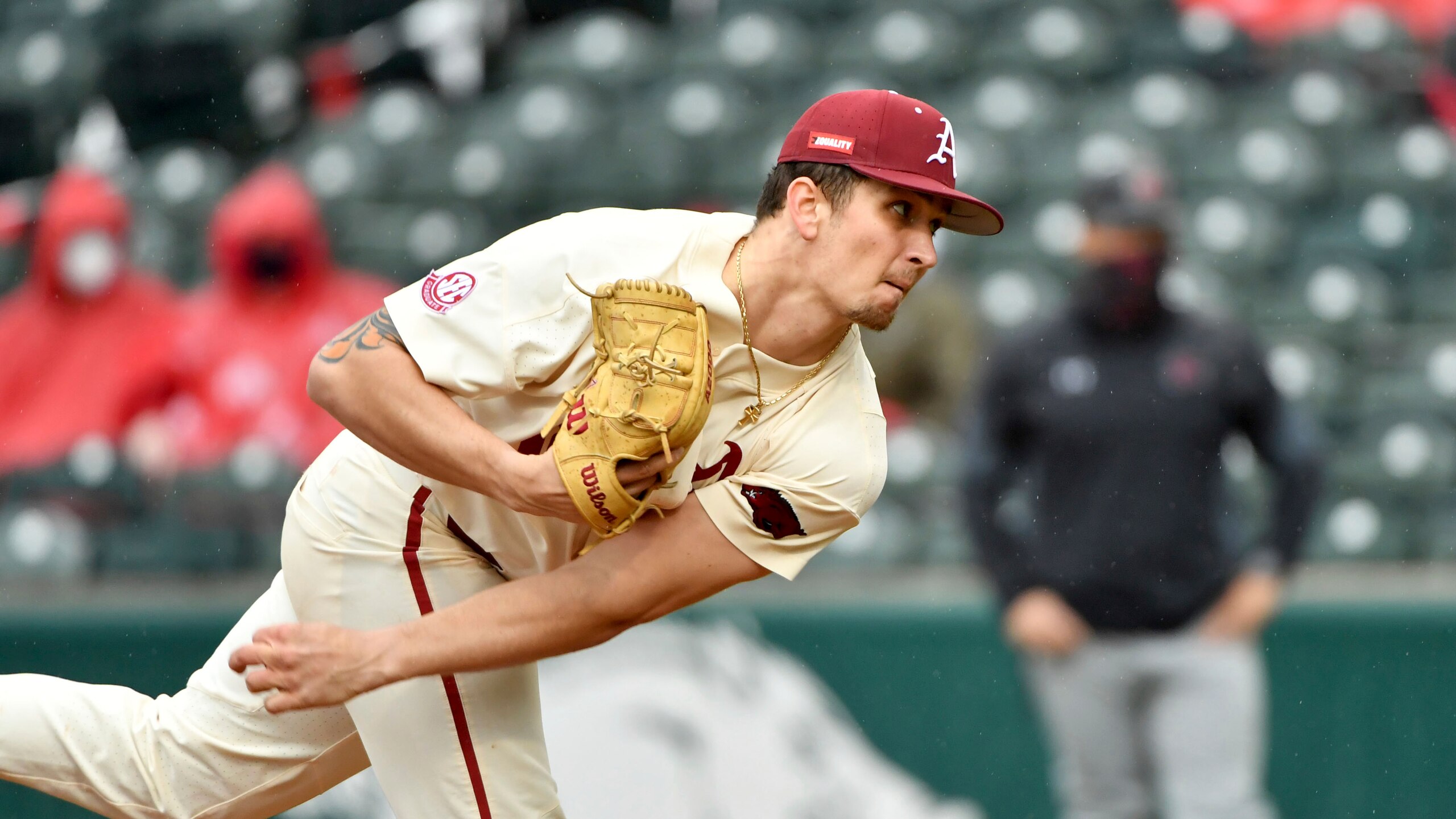 Arkansas pitcher Lael Lockhart (18)against Southeast Missouri St during an NCAA baseball game on Sunday, Feb. 28, 2021, in Fayetteville, Ark. (AP Photo/Michael Woods)