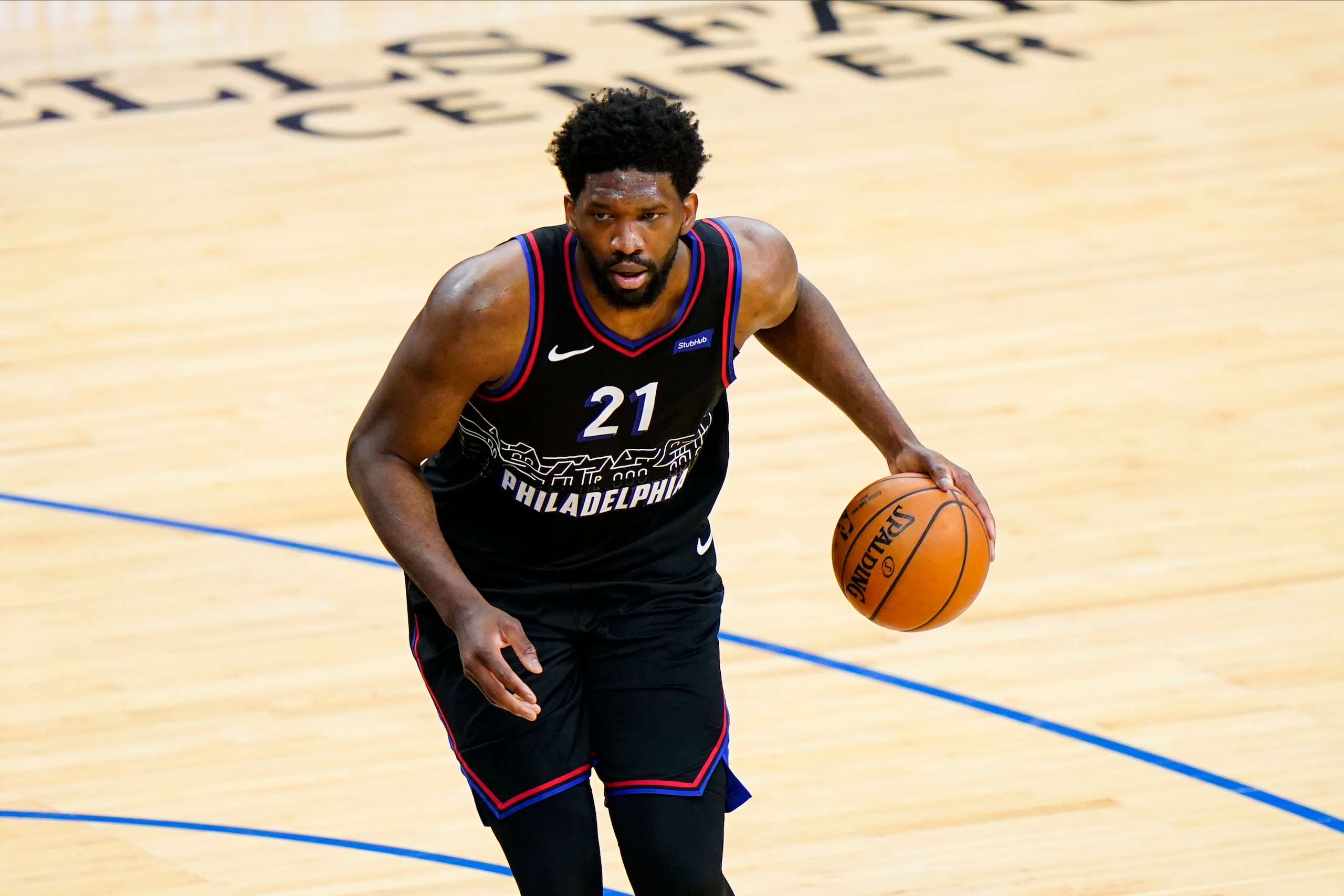 Philadelphia 76ers' Joel Embiid plays during Game 2 in a first-round NBA basketball playoff series against the Washington Wizards, Wednesday, May 26, 2021, in Philadelphia. (AP Photo/Matt Slocum)