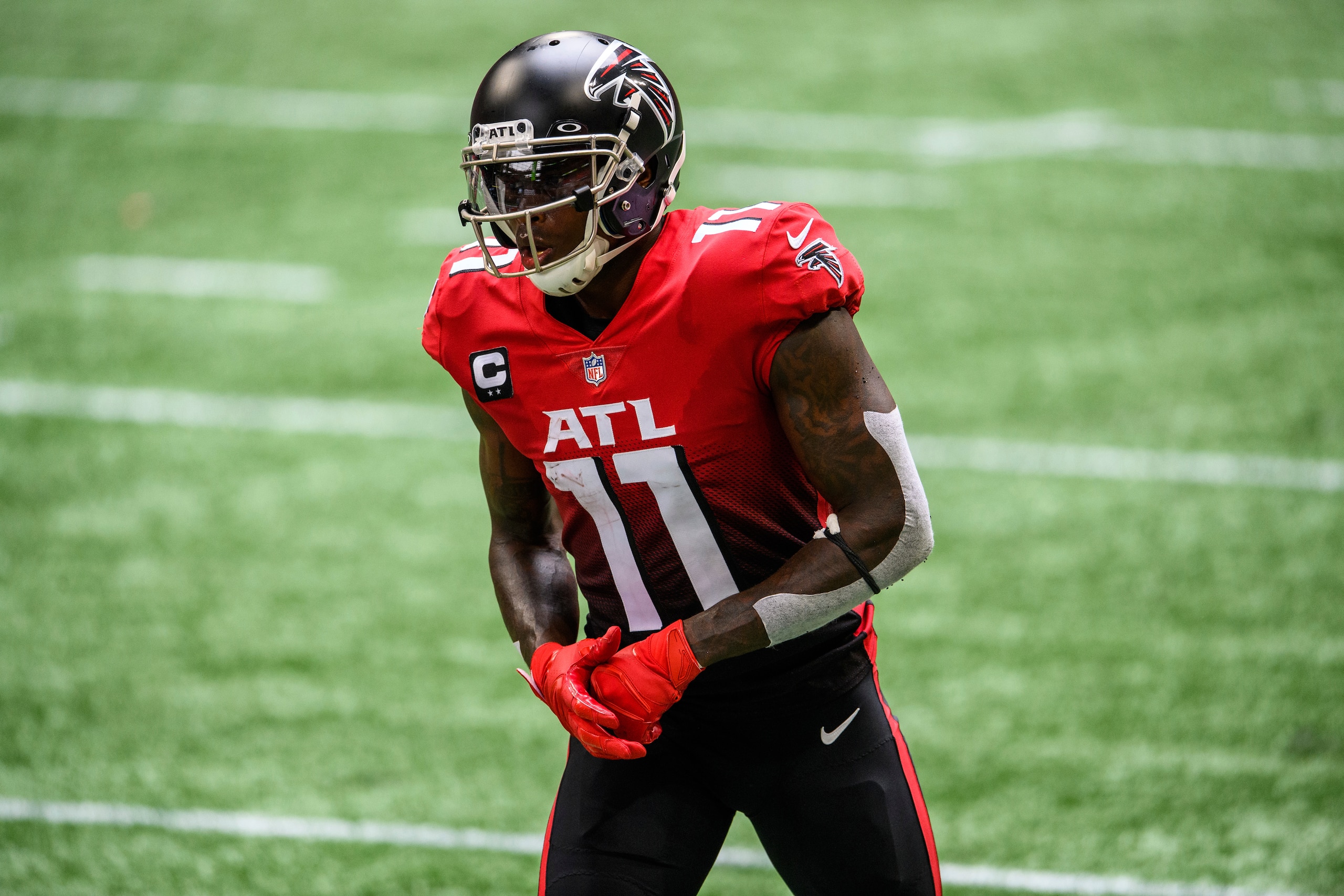 Atlanta Falcons wide receiver Julio Jones (11) lines up during the first half of an NFL football game against the Detroit Lions, Sunday, Oct. 25, 2020, in Atlanta. The Detroit Lions won 23-22. (AP Photo/Danny Karnik)