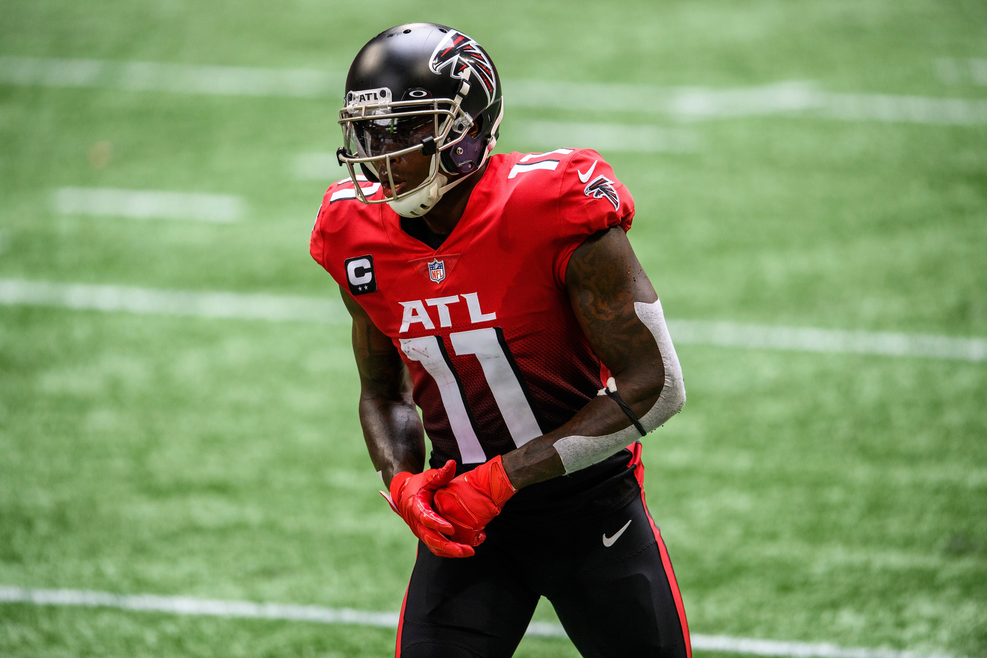 Atlanta Falcons wide receiver Julio Jones (11) lines up during the first half of an NFL football game against the Detroit Lions, Sunday, Oct. 25, 2020, in Atlanta. The Detroit Lions won 23-22. (AP Photo/Danny Karnik)