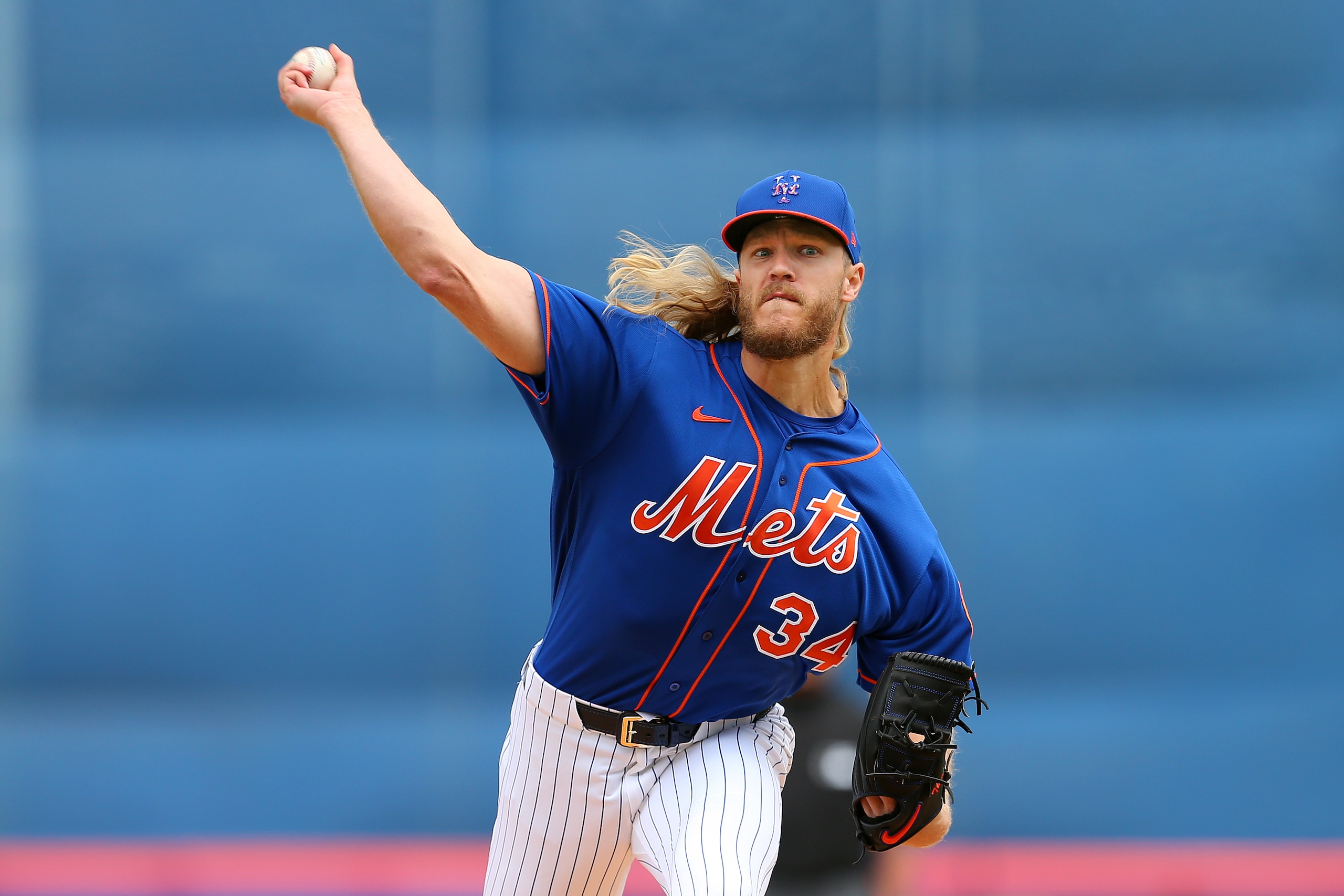PORT ST. LUCIE, FL - MARCH 08: Noah Syndergaard #34 of the New York Mets in action against the Houston Astros during a spring training baseball game at Clover Park on March 8, 2020 in Port St. Lucie, Florida. The Mets defeated the Astros 3-1. (Photo by Rich Schultz/Getty Images)