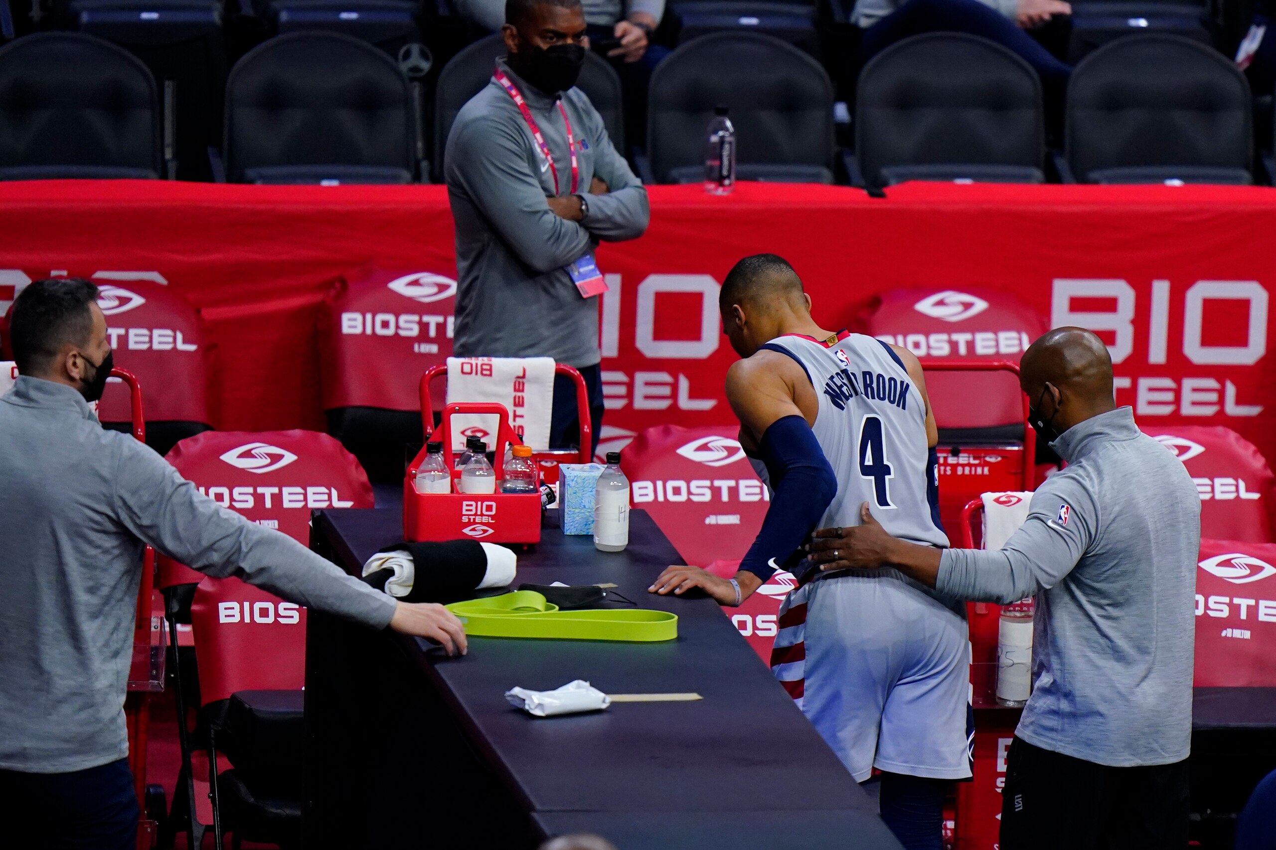 Washington Wizards' Russell Westbrook (4) is helped to the locker room after an injury during the second half of Game 2 in a first-round NBA basketball playoff series against the Philadelphia 76ers, Wednesday, May 26, 2021, in Philadelphia. (AP Photo/Matt Slocum) Washington Wizards' Russell Westbrook (4) is helped to the locker room after an injury during the second half of Game 2 in a first-round NBA basketball playoff series against the Philadelphia 76ers, Wednesday, May 26, 2021, in Philadelphia. (AP Photo/Matt Slocum)