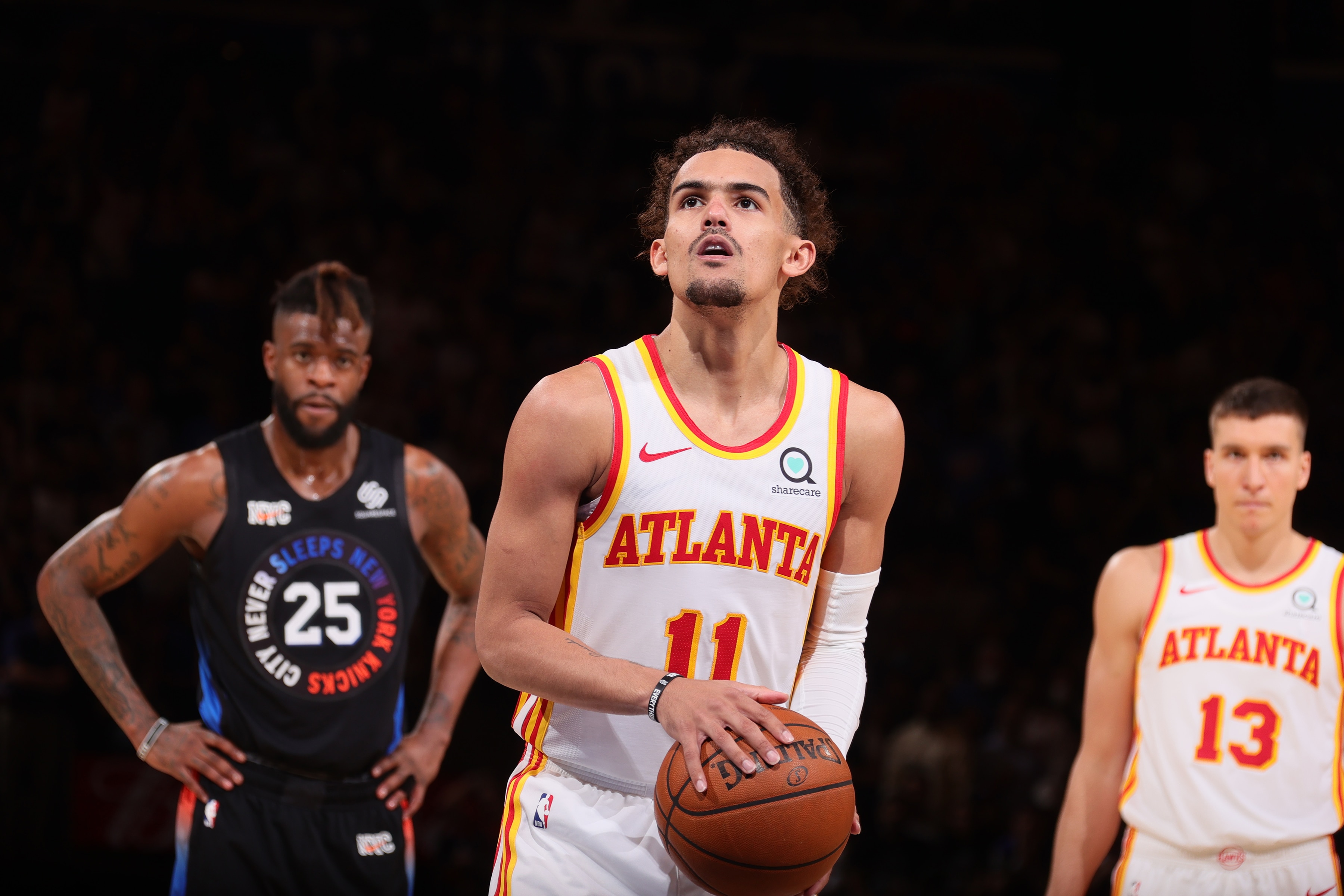 NEW YORK, NY - MAY 26: Trae Young #11 of the Atlanta Hawks shoots a free throw against the New York Knicks during Round 1, Game 2 of the 2021 NBA Playoffs on May 26, 2021 at Madison Square Garden in New York City, New York.  NOTE TO USER: User expressly acknowledges and agrees that, by downloading and or using this photograph, User is consenting to the terms and conditions of the Getty Images License Agreement. Mandatory Copyright Notice: Copyright 2021 NBAE  (Photo by Nathaniel S. Butler/NBAE via Getty Images)