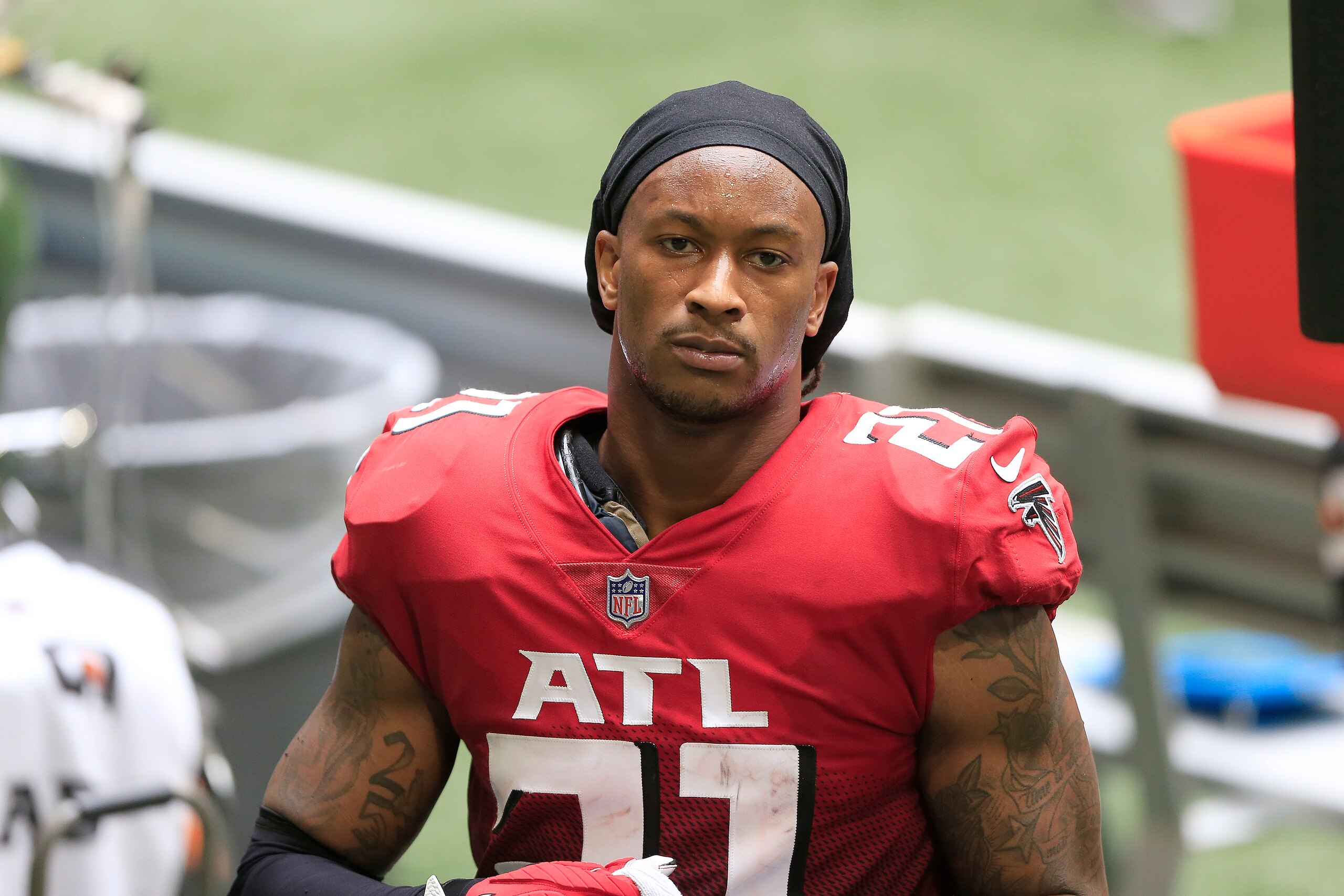ATLANTA, GA - OCTOBER 25:  Running back Todd Gurley (21) of the Atlanta Falcons looks on during the week 7 NFL game between the Atlanta Falcons and the Detroit Lions on October 25, 2020 at Mercedes-Benz Stadium in Atlanta, Georgia.  (Photo by David John Griffin/Icon Sportswire via Getty Images)
