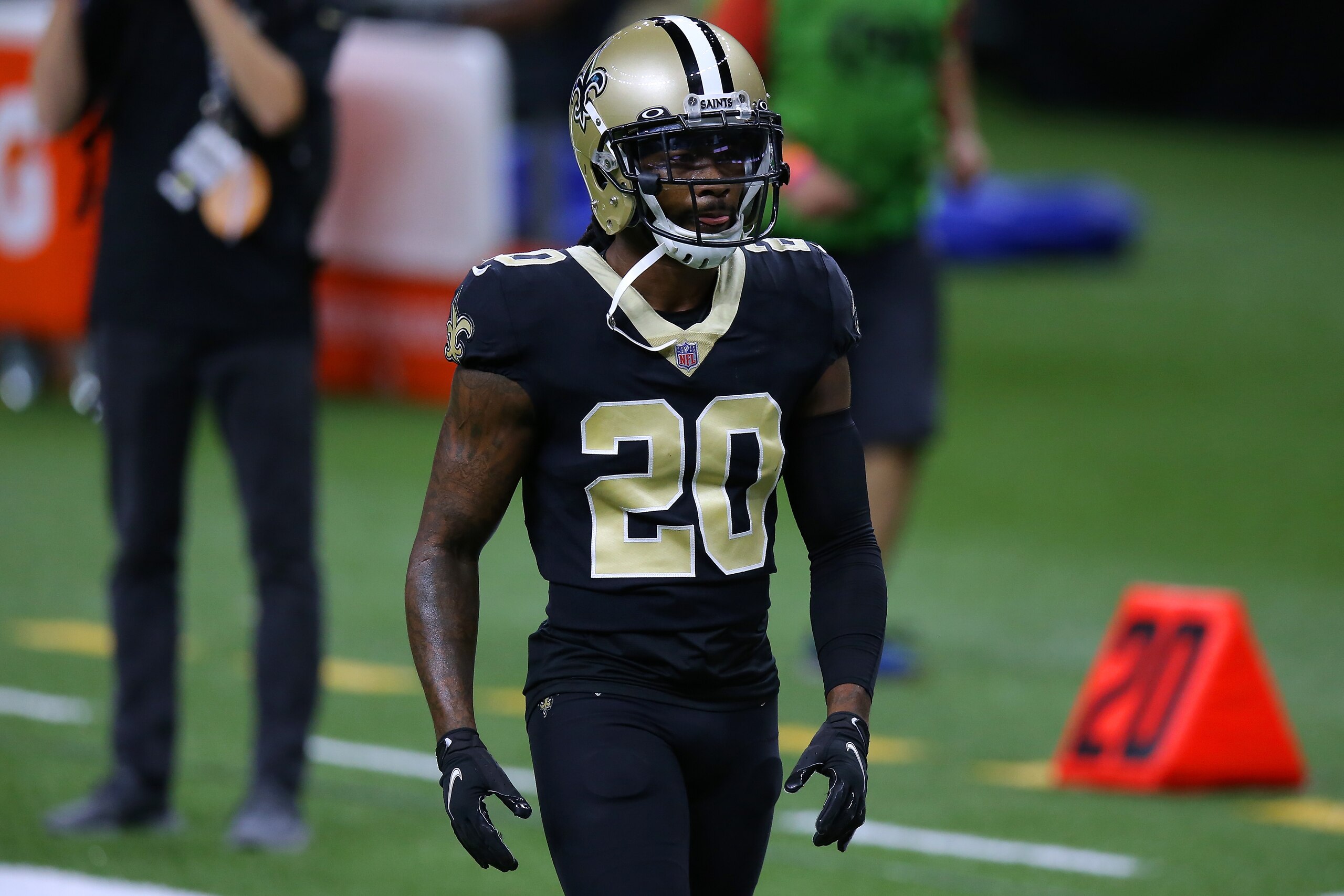 NEW ORLEANS, LOUISIANA - OCTOBER 25: Janoris Jenkins #20 of the New Orleans Saints reacts against the Carolina Panthers during a game at the Mercedes-Benz Superdome on October 25, 2020 in New Orleans, Louisiana. (Photo by Jonathan Bachman/Getty Images)