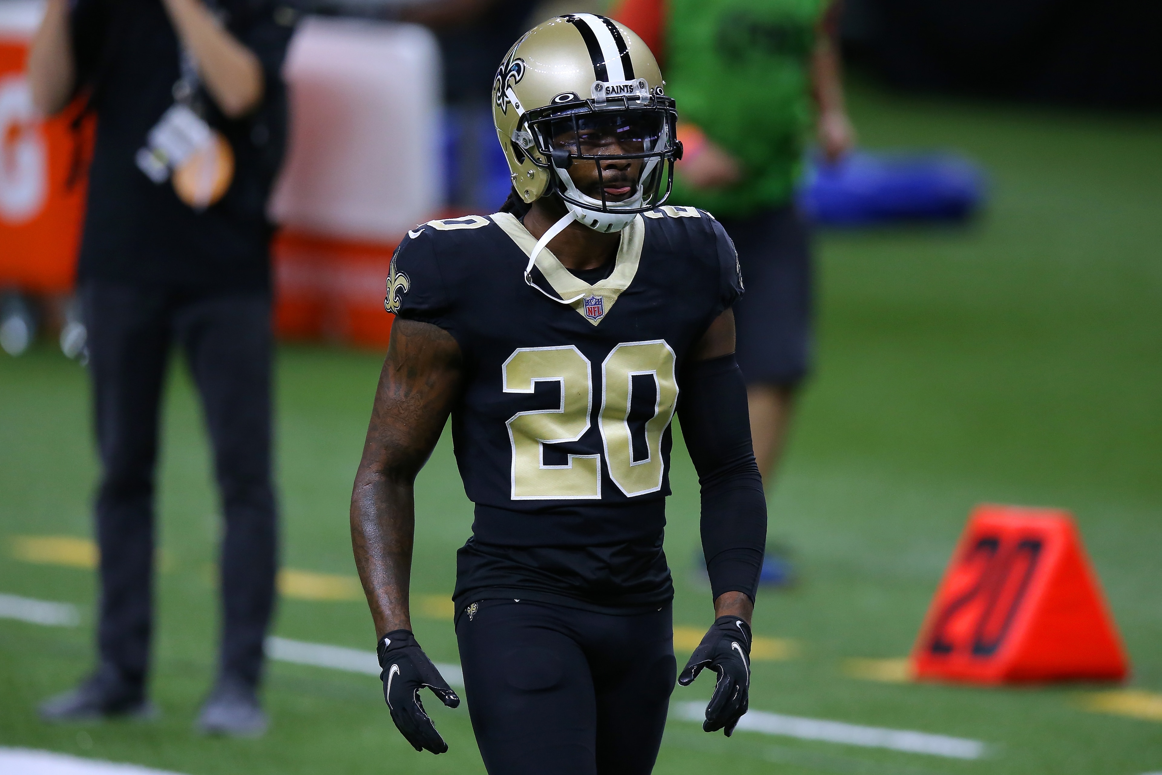 NEW ORLEANS, LOUISIANA - OCTOBER 25: Janoris Jenkins #20 of the New Orleans Saints reacts against the Carolina Panthers during a game at the Mercedes-Benz Superdome on October 25, 2020 in New Orleans, Louisiana. (Photo by Jonathan Bachman/Getty Images)
