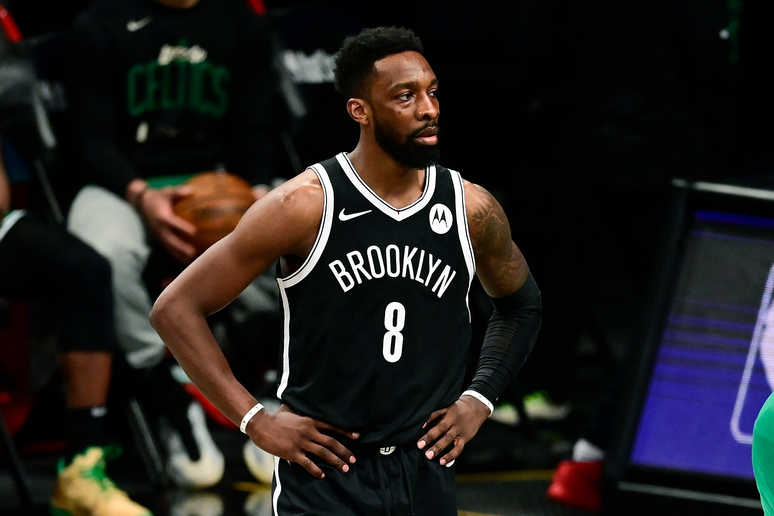 NEW YORK, NEW YORK - MAY 22:  Jeff Green #8 of the Brooklyn Nets in action against the Boston Celtics in Game One of the First Round of the 2021 NBA Playoffs at Barclays Center at Barclays Center on May 22, 2021 in New York City. NOTE TO USER: User expressly acknowledges and agrees that, by downloading and or using this photograph, User is consenting to the terms and conditions of the Getty Images License Agreement.  (Photo by Steven Ryan/Getty Images)