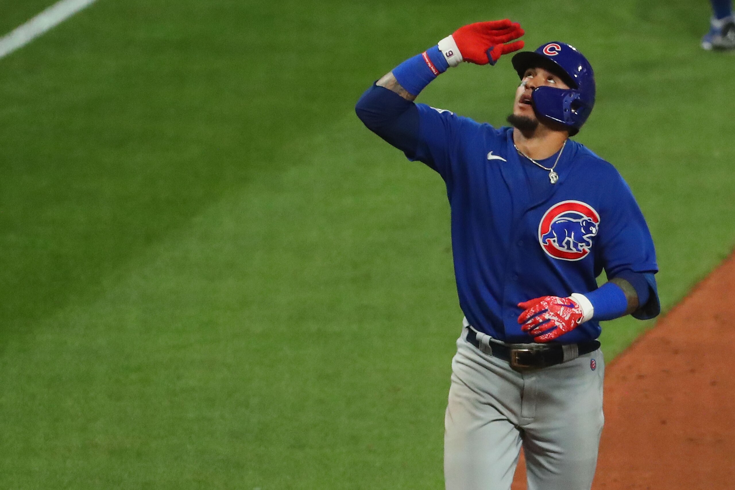 ST LOUIS, MO - MAY 23:  Javier Baez #9 of the Chicago Cubs celebrates after hitting the game-winning two-run home run against the St. Louis Cardinals in the tenth inning at Busch Stadium on May 23, 2021 in St Louis, Missouri. (Photo by Dilip Vishwanat/Getty Images)
