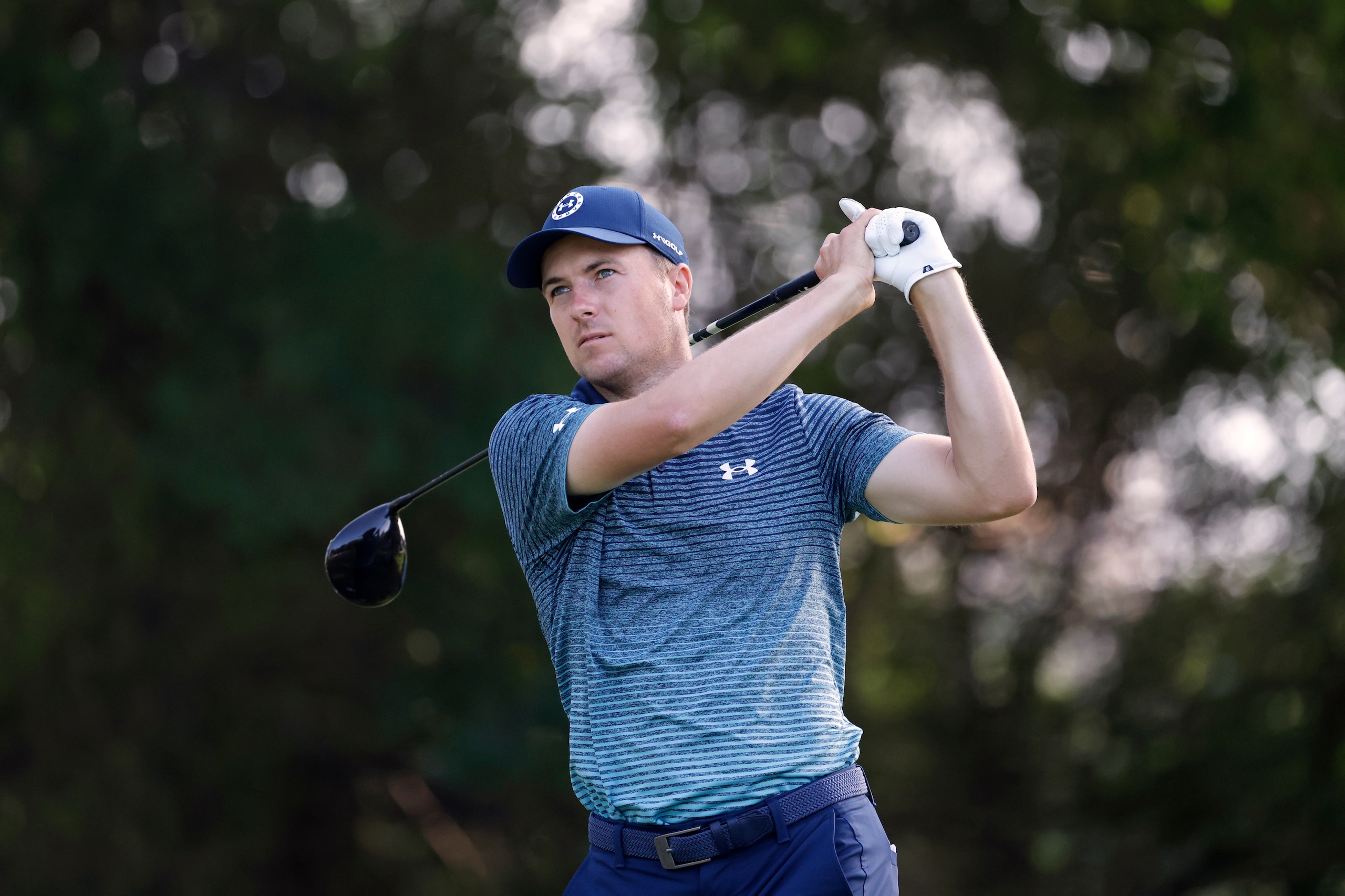 Jordan Spieth follows his shot off the 12th tee during the first round of the Charles Schwab Challenge golf tournament at the Colonial Country Club in Fort Worth, Texas, Thursday, May 27, 2021. (AP Photo/Ron Jenkins)