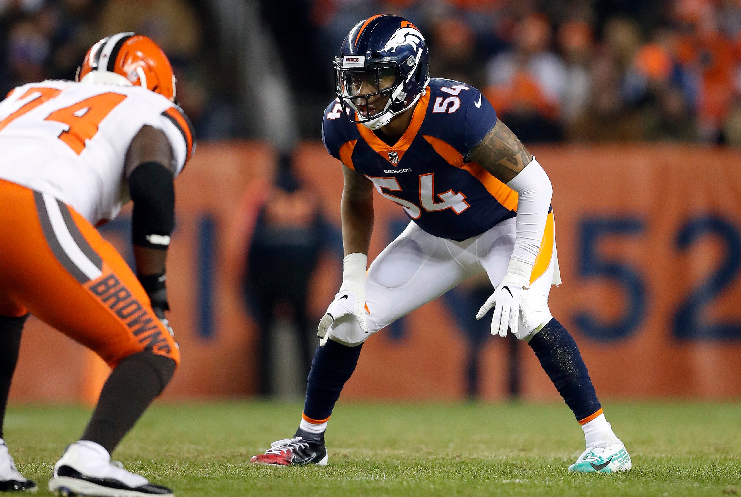 FILE - In this Dec. 15, 2018, file photo, Denver Broncos inside linebacker Brandon Marshall (54) lines up against Cleveland Browns offensive tackle Chris Hubbard (74) during the first half of an NFL football game in Denver. The Oakland Raiders filled two more holes on their depth chart Thursday, March 28, 2019, by signing linebacker Brandon Marshall and running back Isaiah Crowell to one-year contracts. (AP Photo/Jack Dempsey, File) FILE - In this Dec. 15, 2018, file photo, Denver Broncos inside linebacker Brandon Marshall (54) lines up against Cleveland Browns offensive tackle Chris Hubbard (74) during the first half of an NFL football game in Denver. The Oakland Raiders filled two more holes on their depth chart Thursday, March 28, 2019, by signing linebacker Brandon Marshall and running back Isaiah Crowell to one-year contracts. (AP Photo/Jack Dempsey, File)