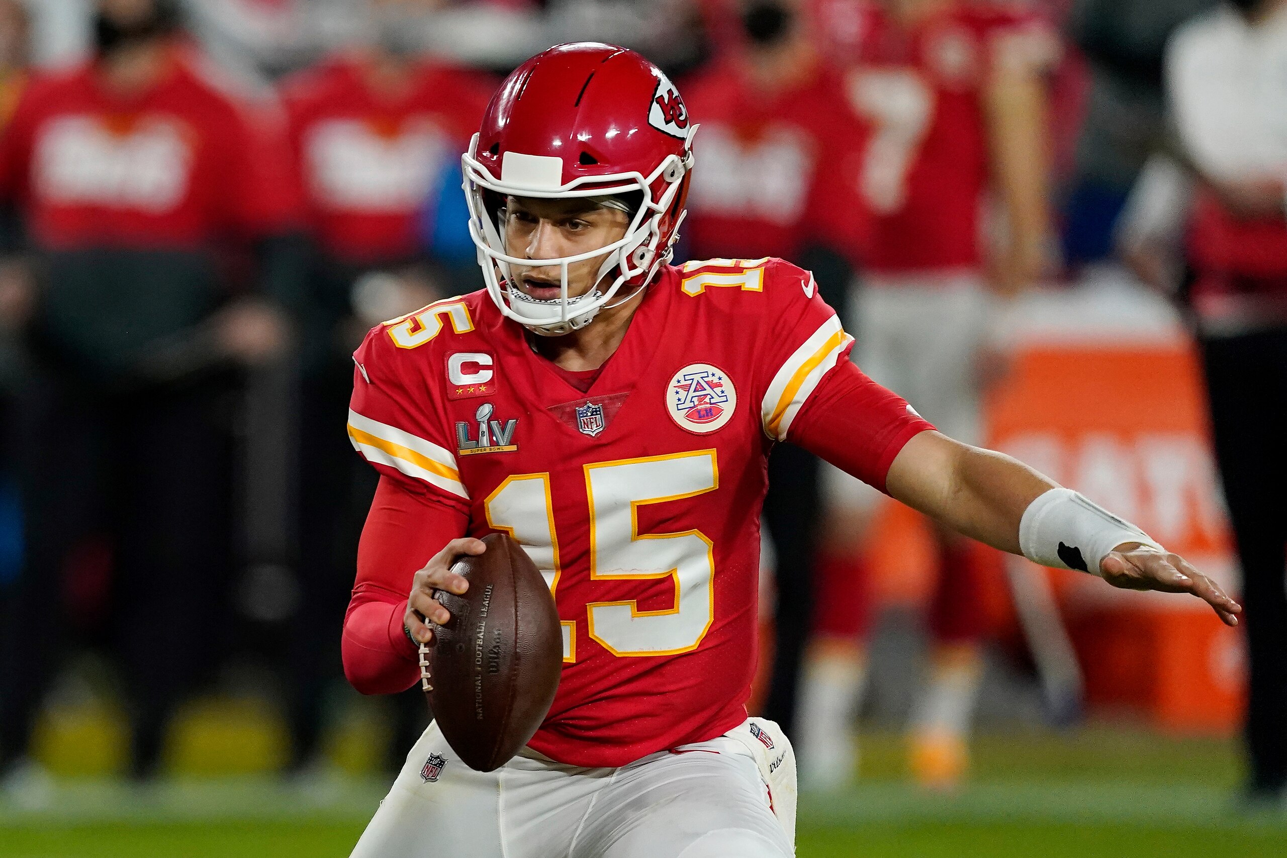 Kansas City Chiefs quarterback Patrick Mahomes (15) scrambles during the second half of the NFL Super Bowl 55 football game against the Tampa Bay Buccaneers, Sunday, Feb. 7, 2021, in Tampa, Fla. The Tampa Bay Buccaneers defeated the Kansas City Chiefs 31-9. (AP Photo/Steve Luciano) Kansas City Chiefs quarterback Patrick Mahomes (15) scrambles during the second half of the NFL Super Bowl 55 football game against the Tampa Bay Buccaneers, Sunday, Feb. 7, 2021, in Tampa, Fla. The Tampa Bay Buccaneers defeated the Kansas City Chiefs 31-9. (AP Photo/Steve Luciano)