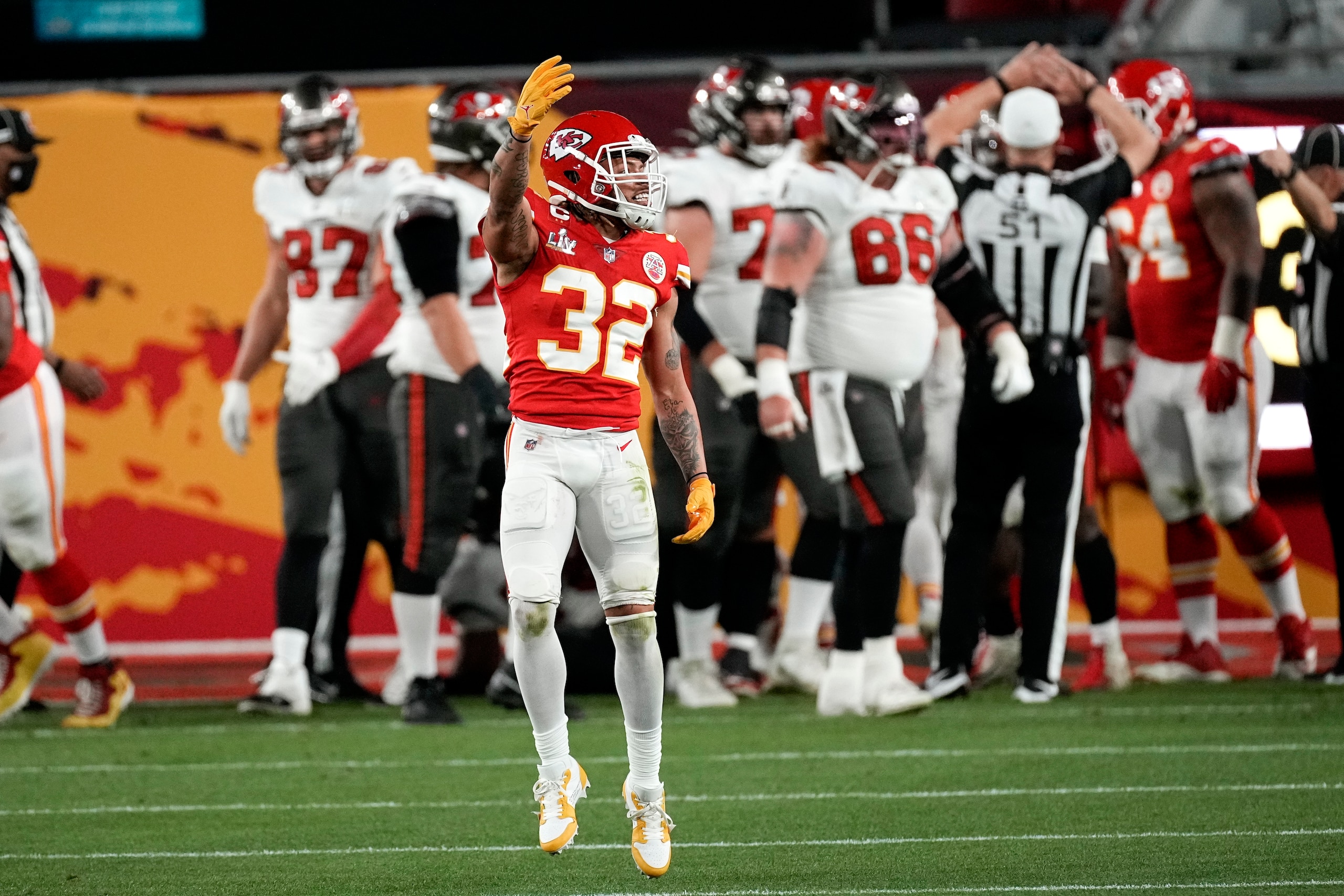 Kansas City Chiefs strong safety Tyrann Mathieu celebrates a goal line stand against the Tampa Bay Buccaneers during the first half of the NFL Super Bowl 55 football game Sunday, Feb. 7, 2021, in Tampa, Fla. (AP Photo/David J. Phillip)
