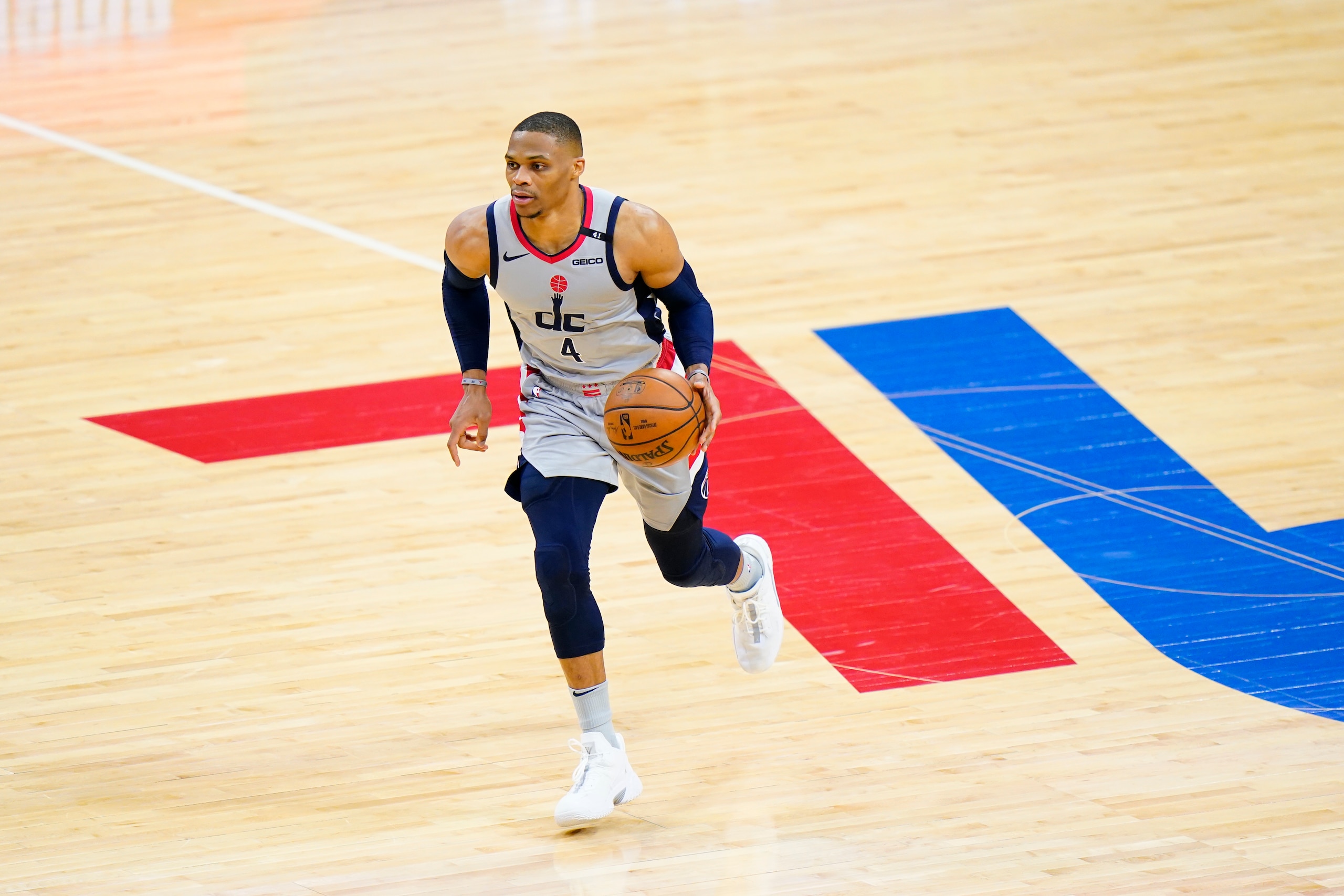 Washington Wizards' Russell Westbrook plays during Game 2 in a first-round NBA basketball playoff series against the Philadelphia 76ers, Wednesday, May 26, 2021, in Philadelphia. (AP Photo/Matt Slocum)