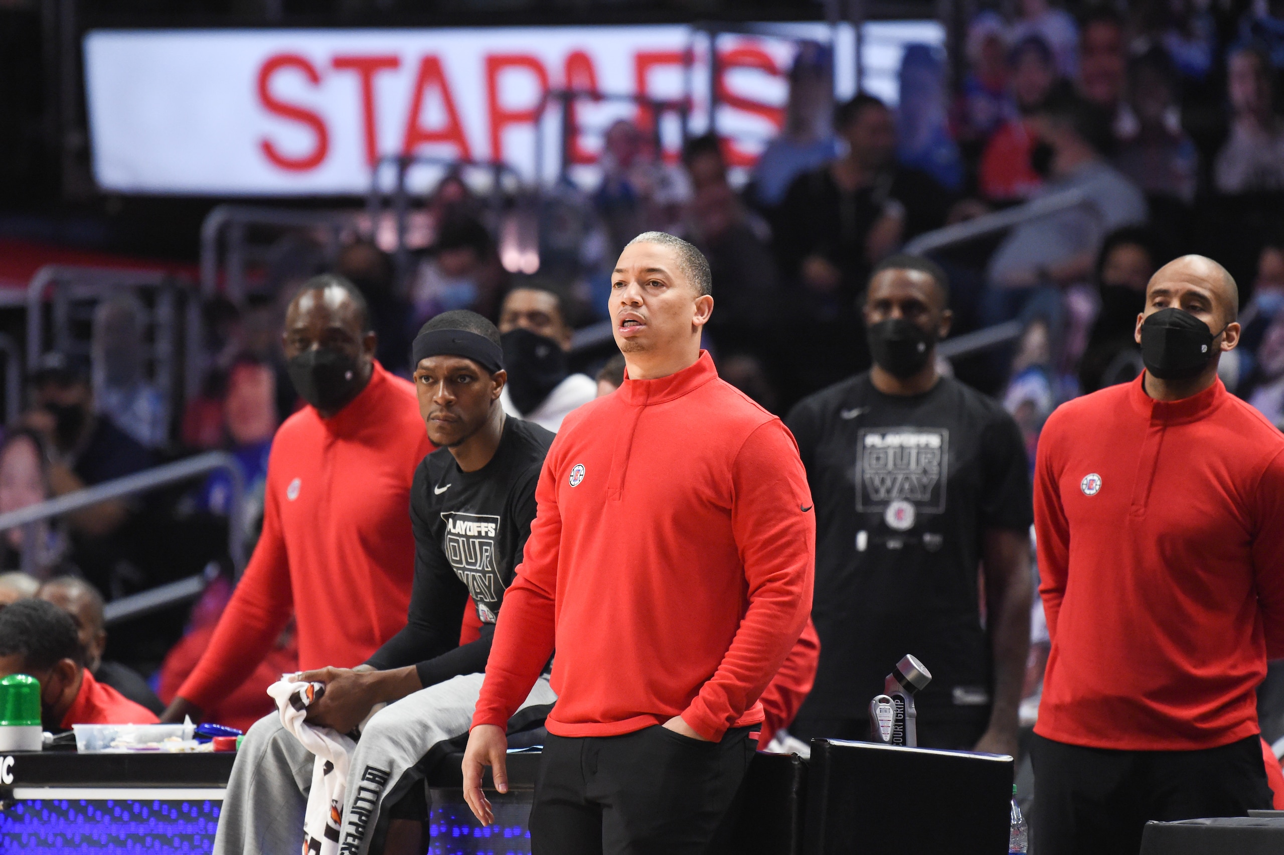 LOS ANGELES, CA - MAY 25: Head Coach Tyronn Lue of the Los Angeles Clippers looks on during the game against the Dallas Mavericks during Round 1, Game 2 of the 2021 NBA Playoffs on May 25, 2021 at STAPLES Center in Los Angeles, California. NOTE TO USER: User expressly acknowledges and agrees that, by downloading and/or using this Photograph, user is consenting to the terms and conditions of the Getty Images License Agreement. Mandatory Copyright Notice: Copyright 2021 NBAE (Photo by Juan Ocampo/NBAE via Getty Images) LOS ANGELES, CA - MAY 25: Head Coach Tyronn Lue of the Los Angeles Clippers looks on during the game against the Dallas Mavericks during Round 1, Game 2 of the 2021 NBA Playoffs on May 25, 2021 at STAPLES Center in Los Angeles, California. NOTE TO USER: User expressly acknowledges and agrees that, by downloading and/or using this Photograph, user is consenting to the terms and conditions of the Getty Images License Agreement. Mandatory Copyright Notice: Copyright 2021 NBAE (Photo by Juan Ocampo/NBAE via Getty Images)