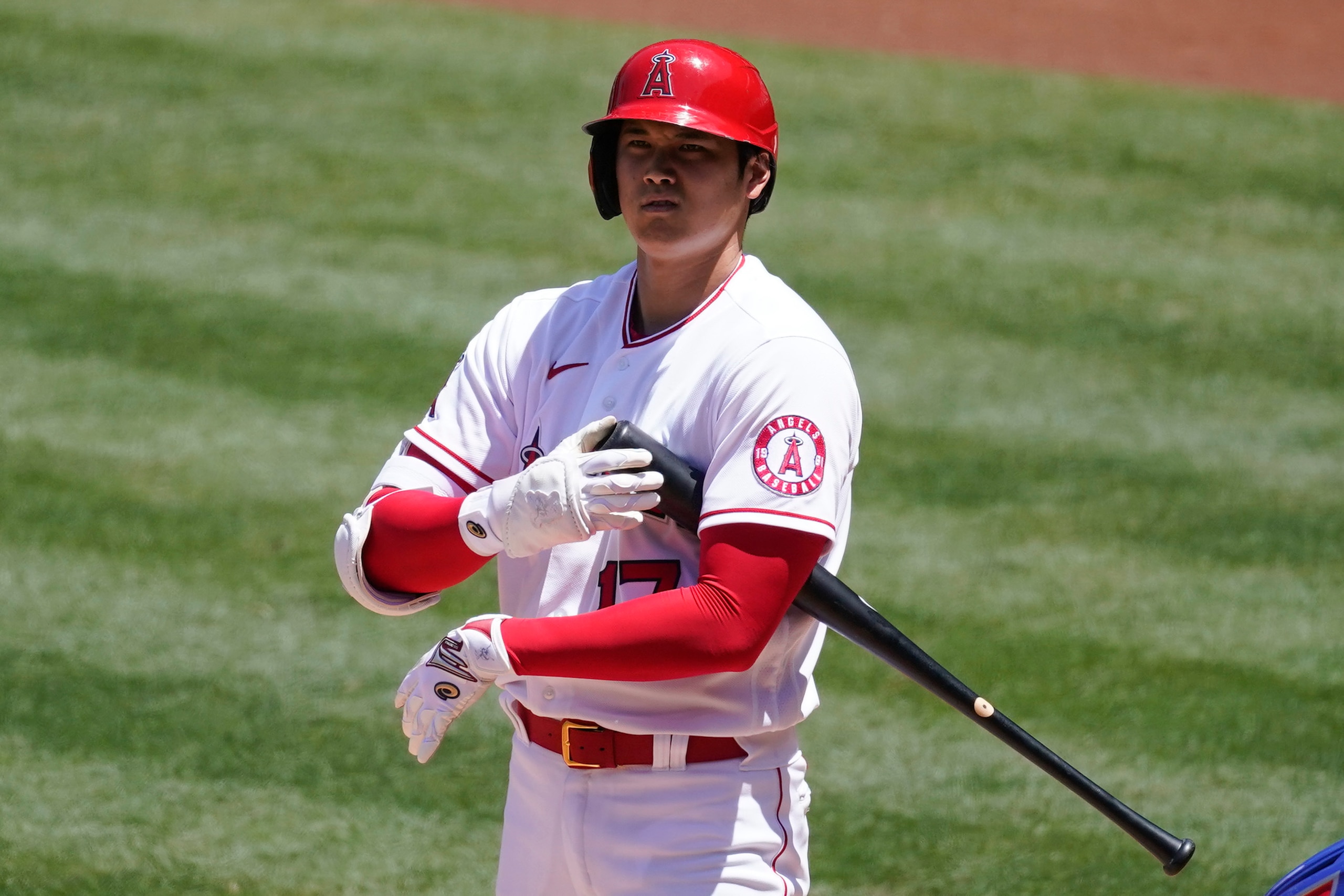 Los Angeles Angels designated hitter Shohei Ohtani (17) reacts to a strike during the second inning of a baseball game against the Texas Rangers Wednesday, May 26, 2021, in Anaheim, Calif. (AP Photo/Ashley Landis) Los Angeles Angels designated hitter Shohei Ohtani (17) reacts to a strike during the second inning of a baseball game against the Texas Rangers Wednesday, May 26, 2021, in Anaheim, Calif. (AP Photo/Ashley Landis)