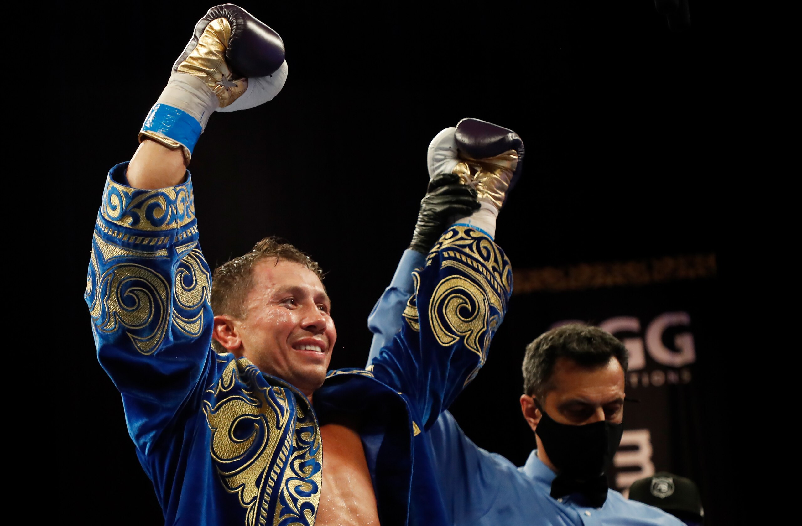 HOLLYWOOD, FLORIDA - DECEMBER 18: Gennadiy Golovkin celebrates defeating Kamil Szeremeta in their IBF Middleweight title bout at Seminole Hard Rock Hotel & Casino on December 18, 2020 in Hollywood, Florida. (Photo by Cliff Hawkins/Getty Images)