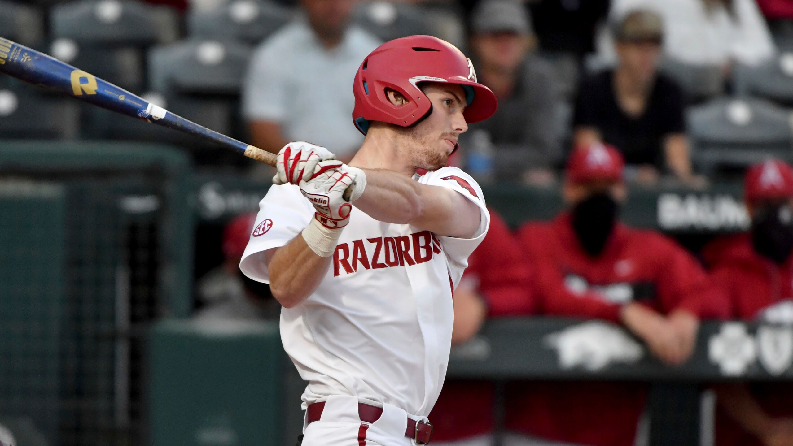Arkansas batter Matt Goodheart (10) against Little Rock during an NCAA baseball game on Tuesday, April 6, 2021, in Fayetteville, Ark. (AP Photo/Michael Woods).