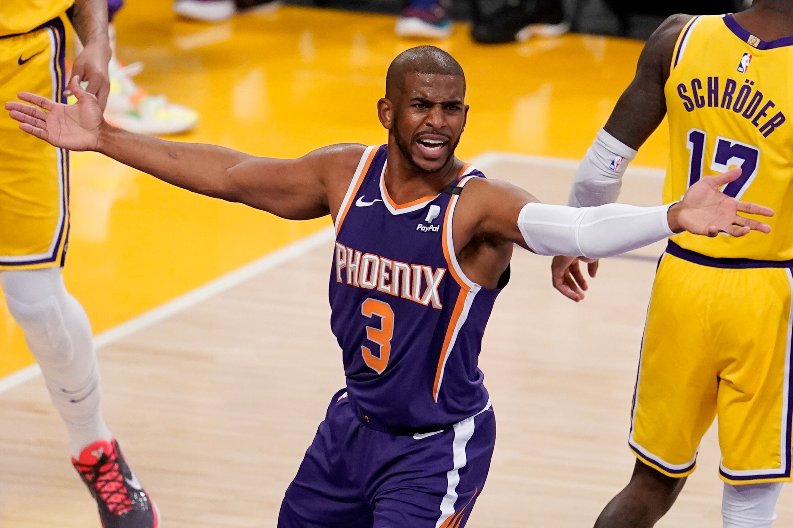 Phoenix Suns guard Chris Paul (3) argues a call during the first half in Game 3 of an NBA basketball first-round playoff series against the Los Angeles Lakers Thursday, May 27, 2021, in Los Angeles. (AP Photo/Marcio Jose Sanchez)