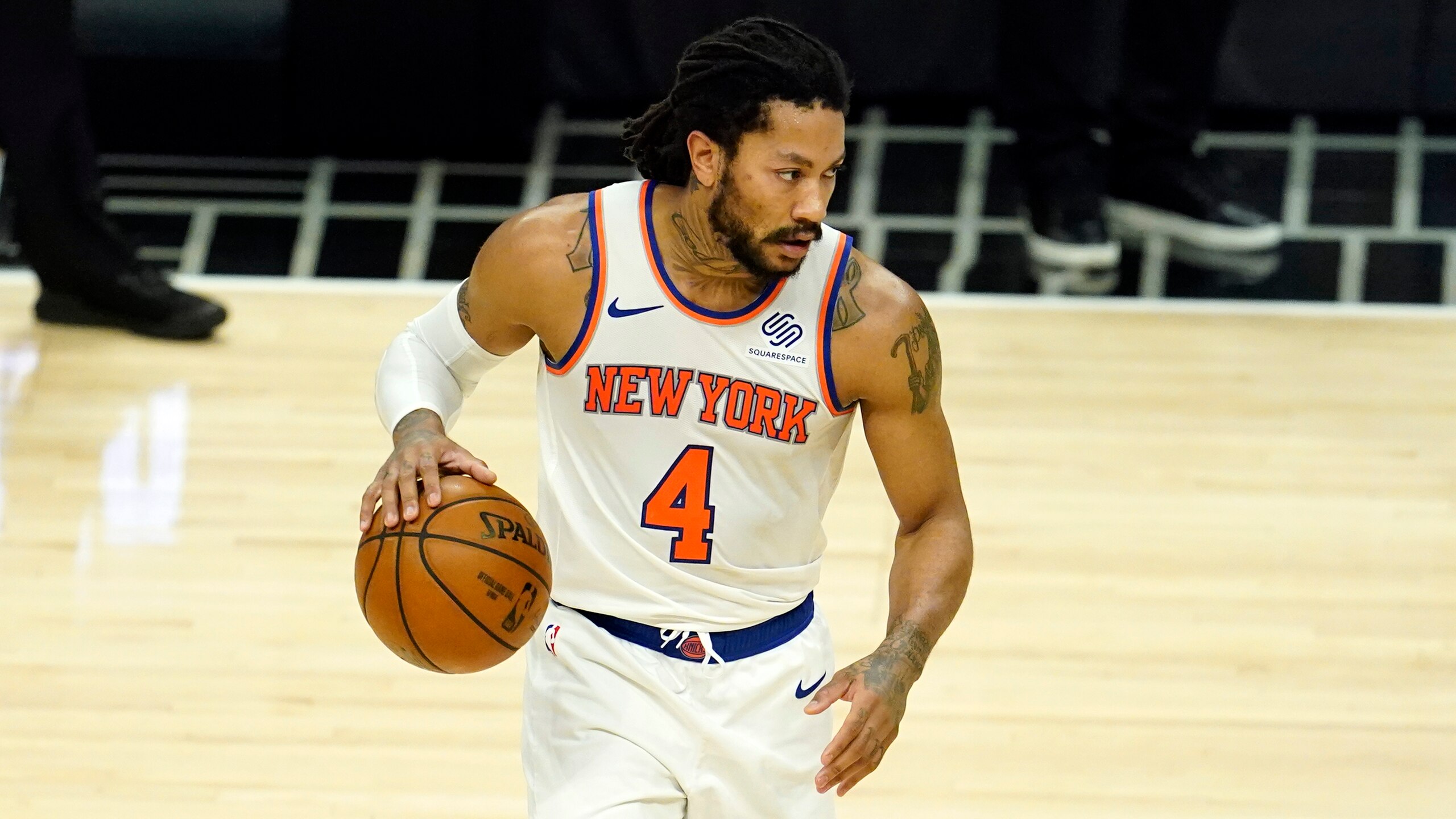 New York Knicks guard Derrick Rose dribbles during an NBA basketball game against the Los Angeles Clippers Sunday, May 9, 2021, in Los Angeles. (AP Photo/Marcio Jose Sanchez) New York Knicks guard Derrick Rose dribbles during an NBA basketball game against the Los Angeles Clippers Sunday, May 9, 2021, in Los Angeles. (AP Photo/Marcio Jose Sanchez)