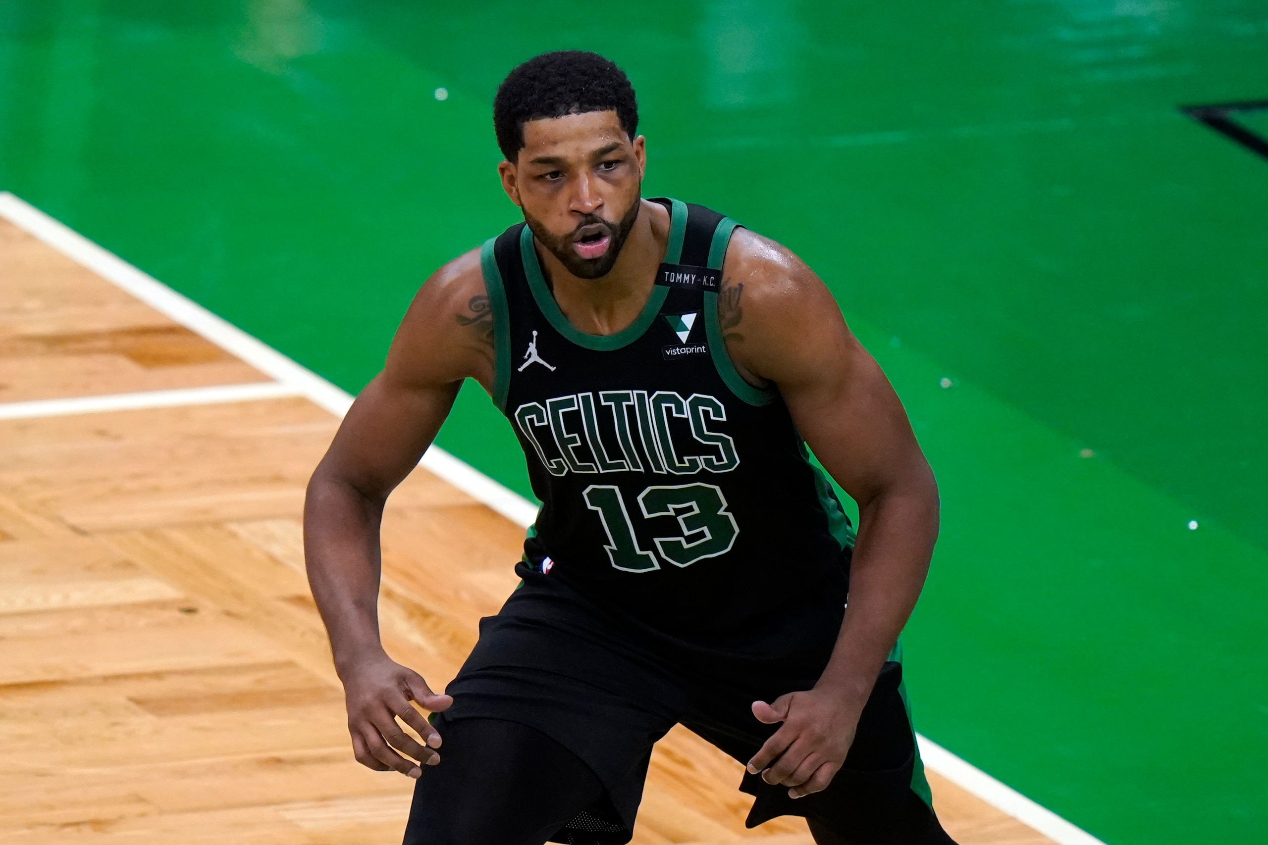 Boston Celtics' Tristan Thompson (13) in the second half of a basketball game against the Miami Heat, Sunday, May 9, 2021, in Boston. (AP Photo/Steven Senne)