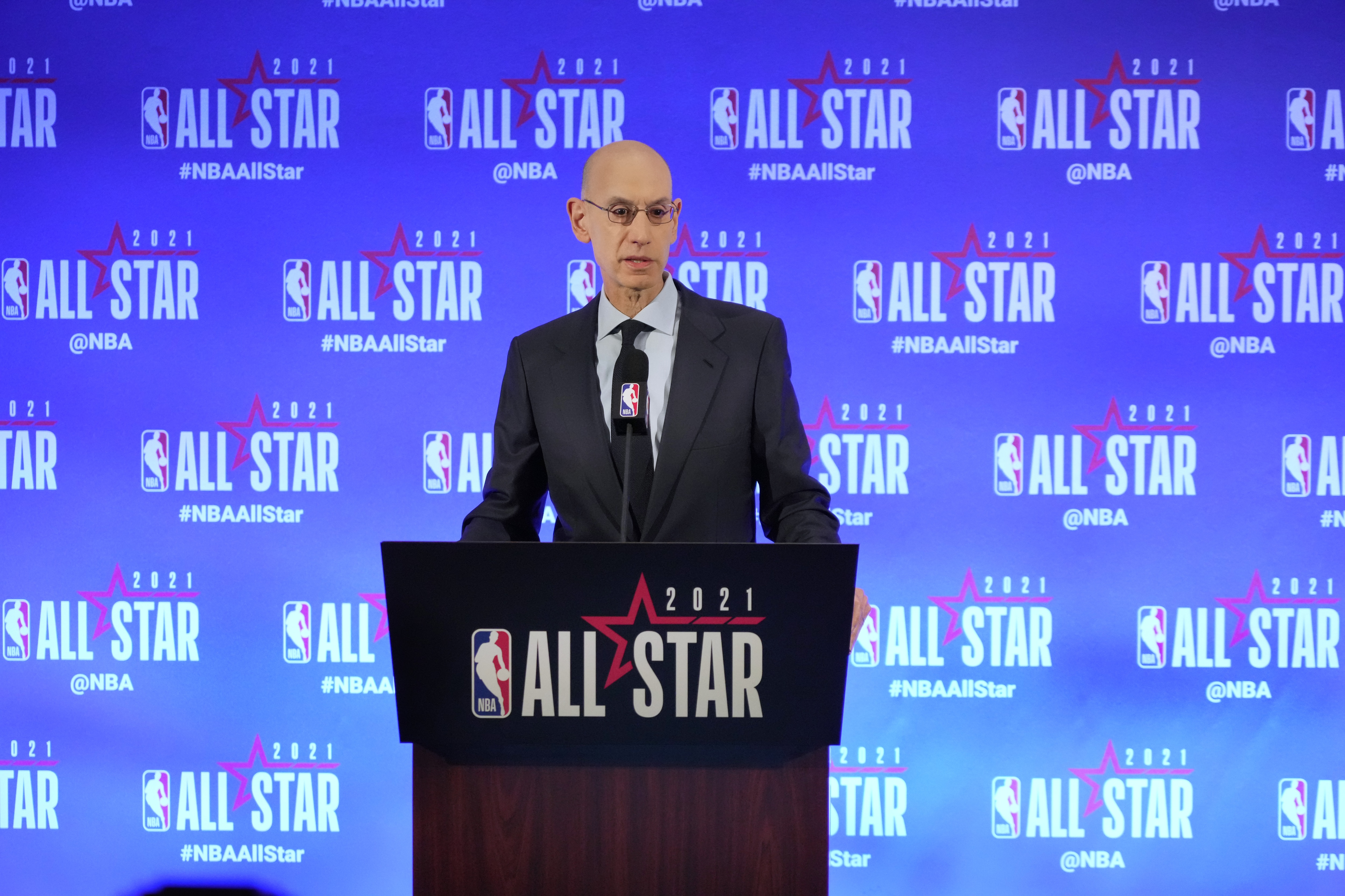 ATLANTA, GA - MARCH 6:  NBA Commissioner Adam Silver speaks to the media during a press conference during the NBA All-Star 2021 on March 6, 2021 at State Farm Arena in Atlanta, Georgia. NOTE TO USER: User expressly acknowledges and agrees that, by downloading and or using this photograph, User is consenting to the terms and conditions of the Getty Images License Agreement. Mandatory Copyright Notice: Copyright 2021 NBAE (Photo by Jesse D. Garrabrant/NBAE via Getty Images)