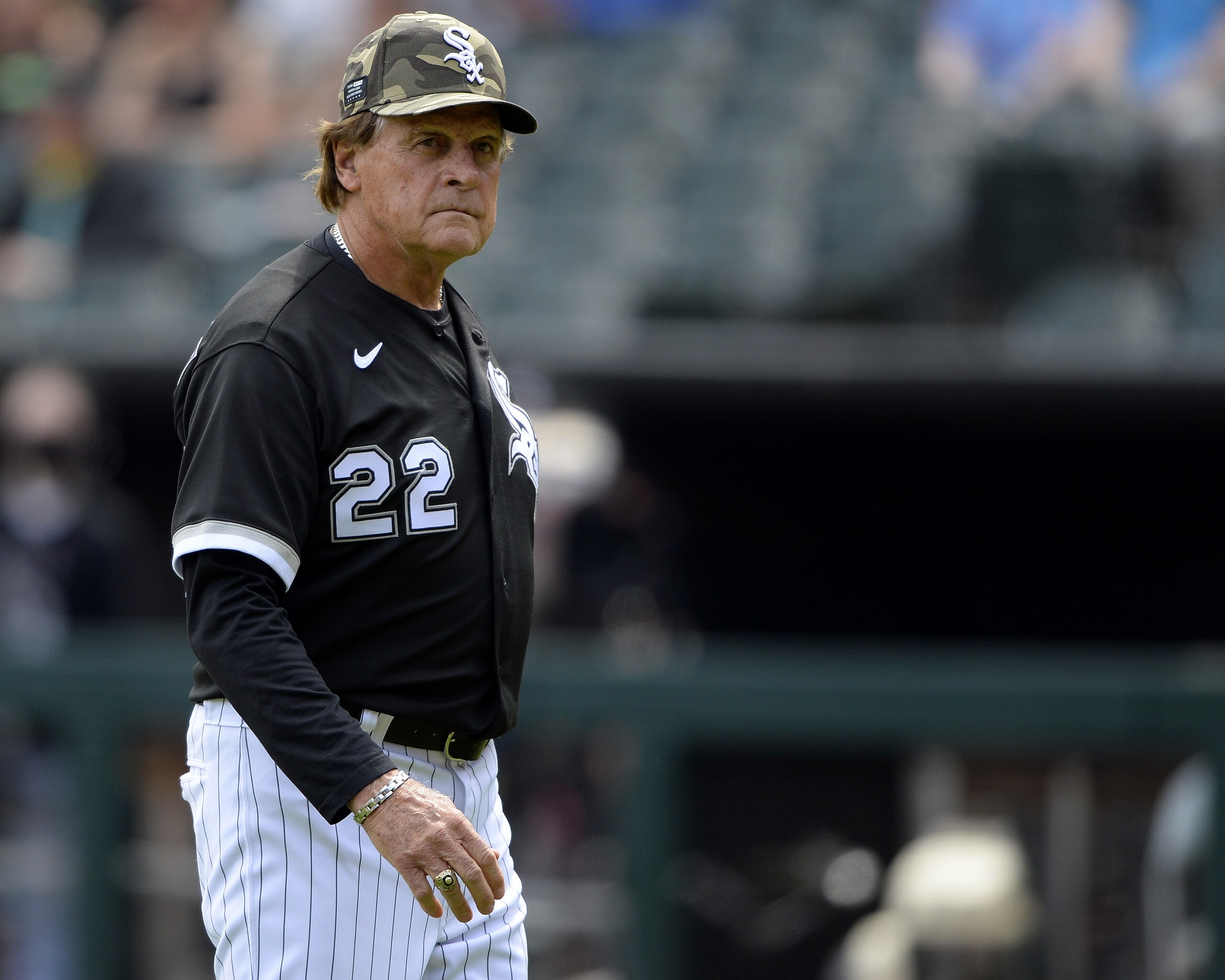 CHICAGO - MAY 16:  Manager Tony La Russa #22 of the Chicago White Sox looks on against the Kansas City Royals on May 16, 2021 at Guaranteed Rate Field in Chicago, Illinois.  (Photo by Ron Vesely/Getty Images)