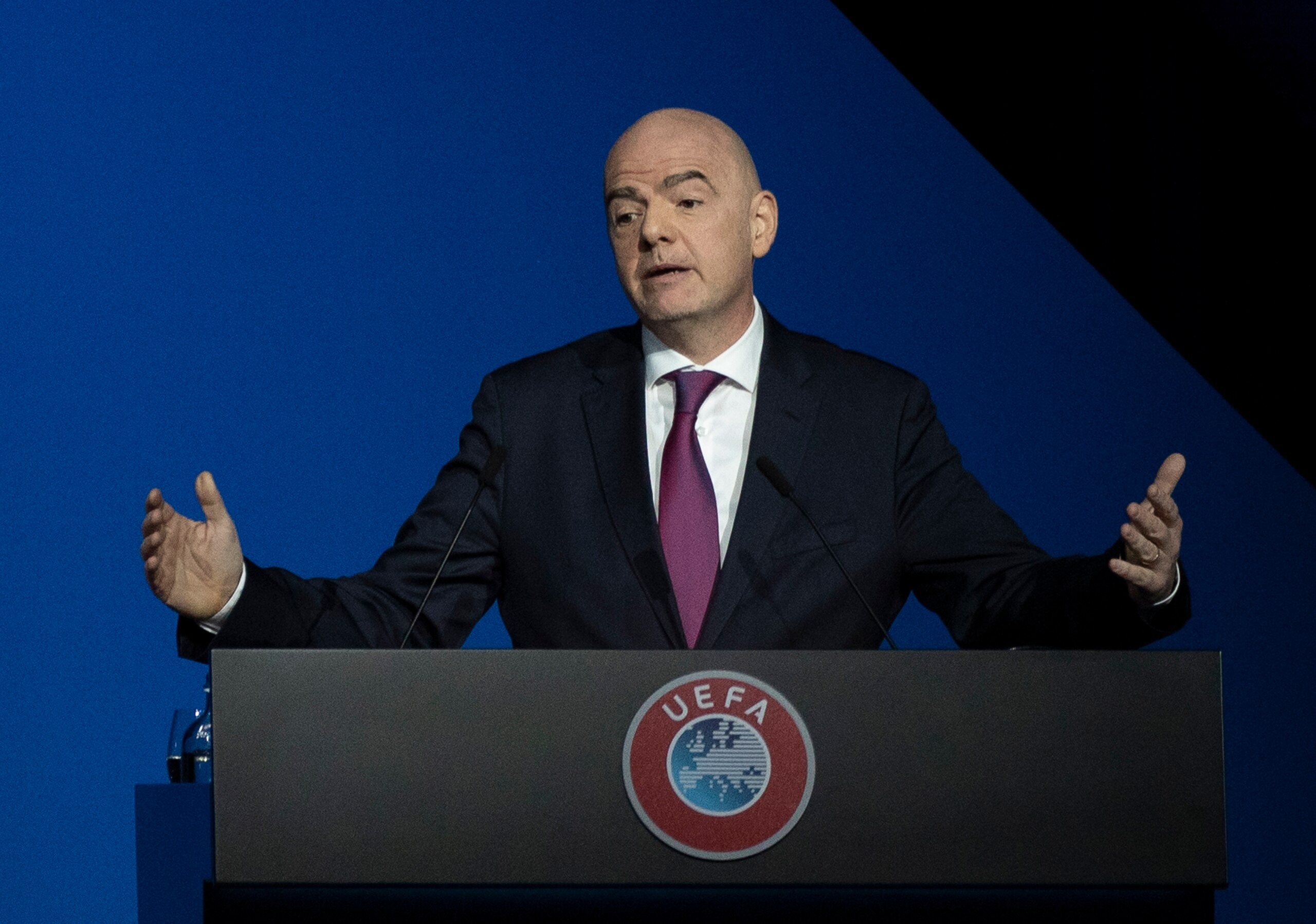 FILE - In this file photo dated Tuesday, March 3, 2020, FIFA President Gianni Infantino addresses a meeting of European soccer leaders at the congress of the UEFA governing body in Amsterdam, Netherlands. Infantino has tested positive for COVID-19, and according to a statement FIFA says Infantino “has reported mild symptoms, has immediately placed himself in self-isolation and will remain in quarantine at least for ten days.” (AP Photo/Peter Dejong, FILE)