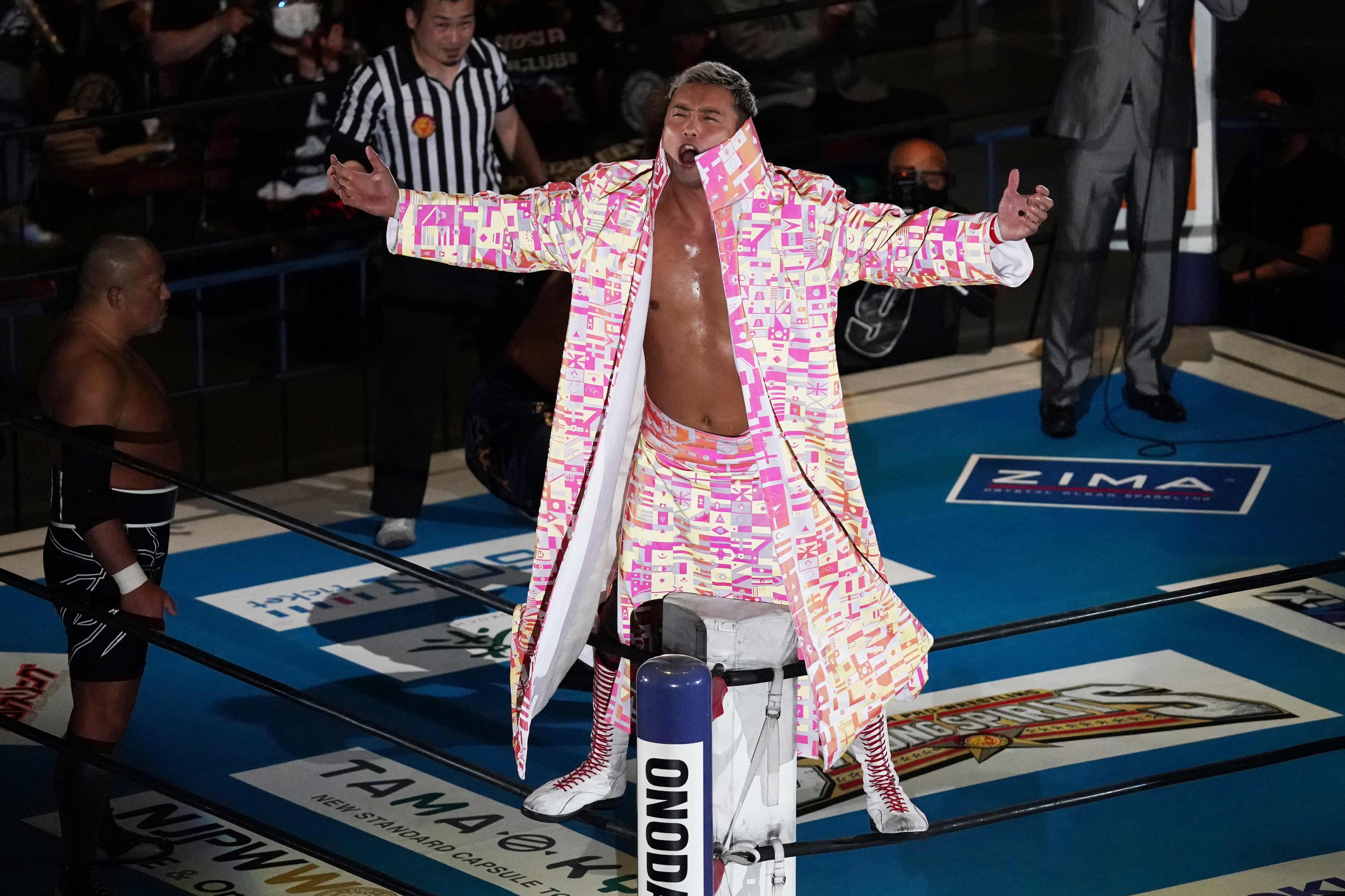 TOKYO, JAPAN - APRIL 04: Kazuchika Okada enters the ring during the New Japan Pro-Wrestling 'Sakura Genesis' at Ryogoku Kokugikan on April 04, 2021 in Tokyo, Japan. (Photo by Etsuo Hara/Getty Images)