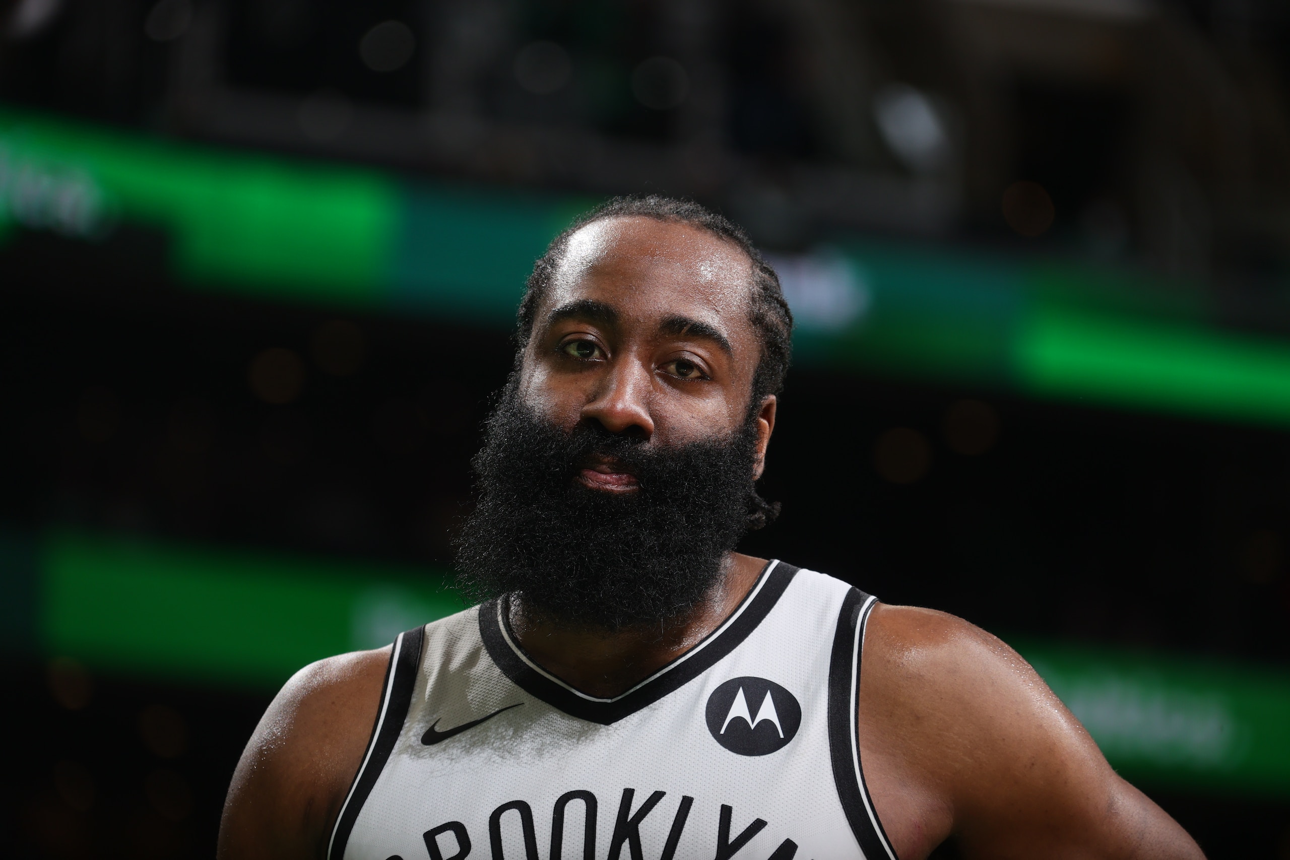 BOSTON, MA - MAY 28: James Harden #13 of the Brooklyn Nets looks on against the Brooklyn Nets during Round 1, Game 3 of the 2021 NBA Playoffs on May 28, 2021 at the TD Garden in Boston, Massachusetts. NOTE TO USER: User expressly acknowledges and agrees that, by downloading and or using this photograph, User is consenting to the terms and conditions of the Getty Images License Agreement. Mandatory Copyright Notice: Copyright 2021 NBAE (Photo by Nathaniel S. Butler/NBAE via Getty Images) BOSTON, MA - MAY 28: James Harden #13 of the Brooklyn Nets looks on against the Brooklyn Nets during Round 1, Game 3 of the 2021 NBA Playoffs on May 28, 2021 at the TD Garden in Boston, Massachusetts. NOTE TO USER: User expressly acknowledges and agrees that, by downloading and or using this photograph, User is consenting to the terms and conditions of the Getty Images License Agreement. Mandatory Copyright Notice: Copyright 2021 NBAE (Photo by Nathaniel S. Butler/NBAE via Getty Images)