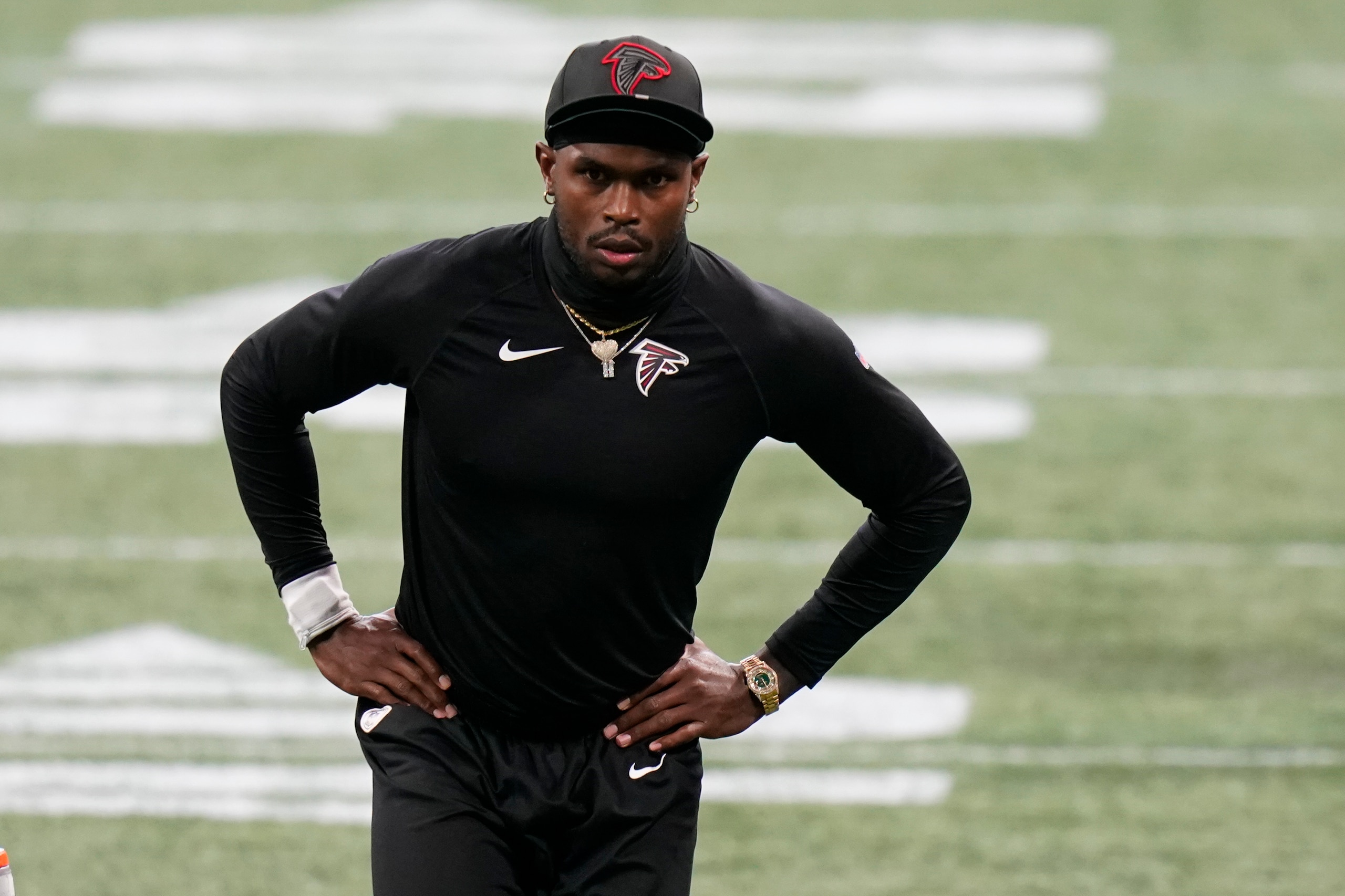 Atlanta Falcons wide receiver Julio Jones stretches before the first half of an NFL football game between the Atlanta Falcons and the Carolina Panthers, Sunday, Oct. 11, 2020, in Atlanta. Jones is not playing due to injury. (AP Photo/Brynn Anderson) Atlanta Falcons wide receiver Julio Jones stretches before the first half of an NFL football game between the Atlanta Falcons and the Carolina Panthers, Sunday, Oct. 11, 2020, in Atlanta. Jones is not playing due to injury. (AP Photo/Brynn Anderson)