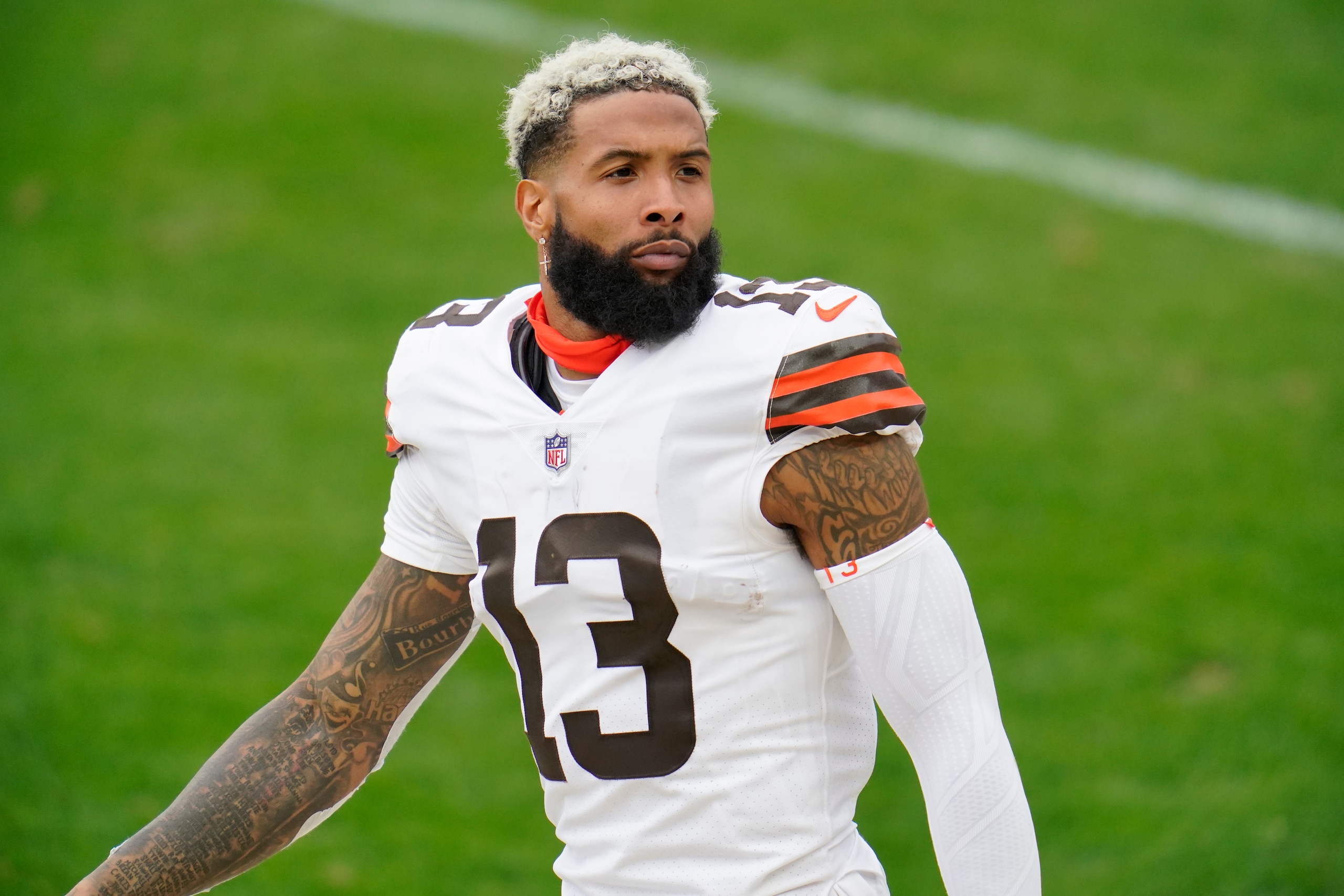 Cleveland Browns wide receiver Odell Beckham Jr. (13) on the sideline against the Pittsburgh Steelers during the second half of an NFL football game, Sunday, Oct. 18, 2020, in Pittsburgh. (AP Photo/Gene J. Puskar) Cleveland Browns wide receiver Odell Beckham Jr. (13) on the sideline against the Pittsburgh Steelers during the second half of an NFL football game, Sunday, Oct. 18, 2020, in Pittsburgh. (AP Photo/Gene J. Puskar)