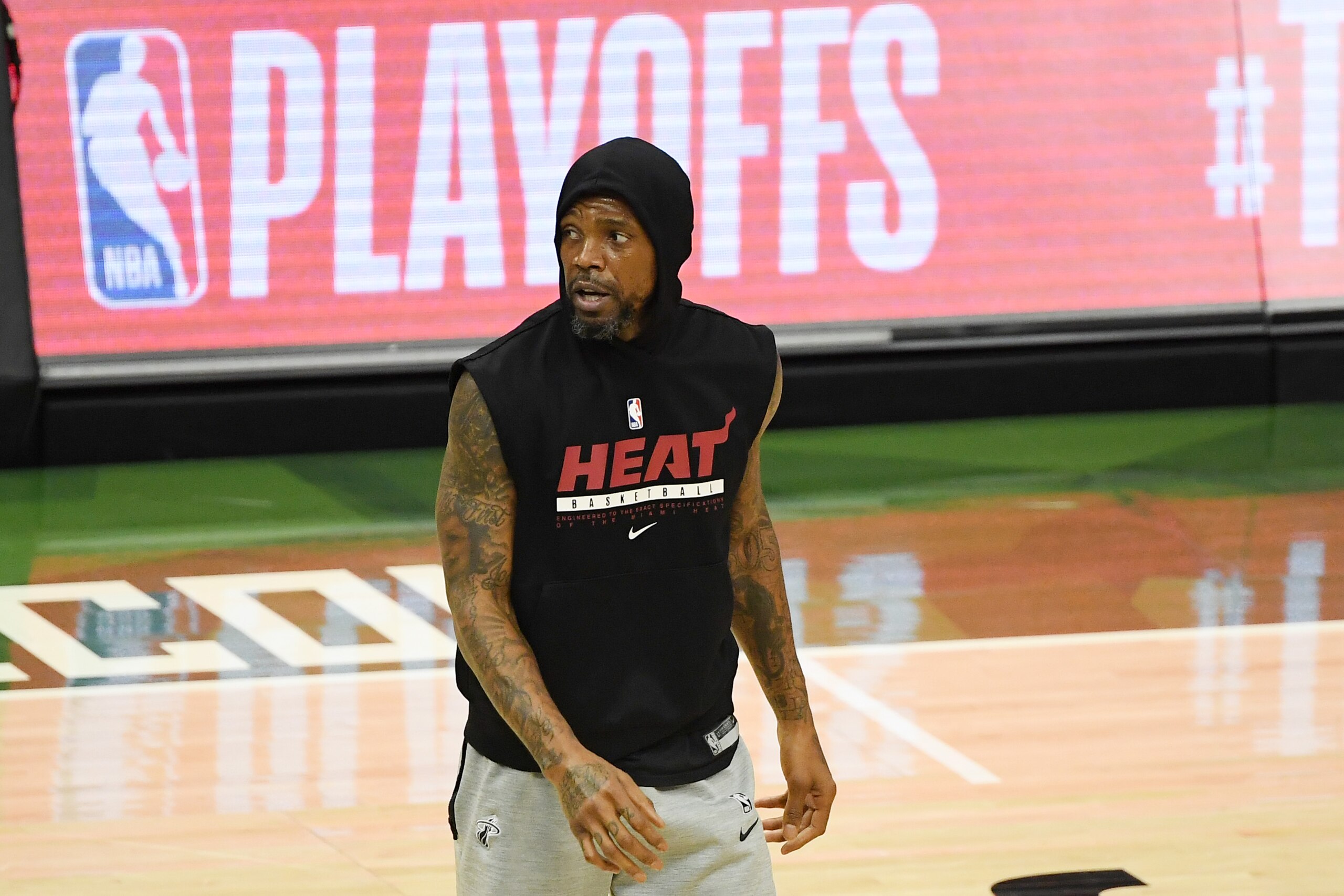 MILWAUKEE, WISCONSIN - MAY 24: Udonis Haslem #40 of the Miami Heat looks on before the game between the Milwaukee Bucks and the Miami Heat during Game Two of their Eastern Conference first-round playoff series between the Milwaukee Bucks and the Miami Heat at Fiserv Forum on May 24, 2021 in Milwaukee, Wisconsin.  NOTE TO USER: User expressly acknowledges and agrees that, by downloading and or using this photograph, User is consenting to the terms and conditions of the Getty Images License Agreement. (Photo by Quinn Harris/Getty Images)