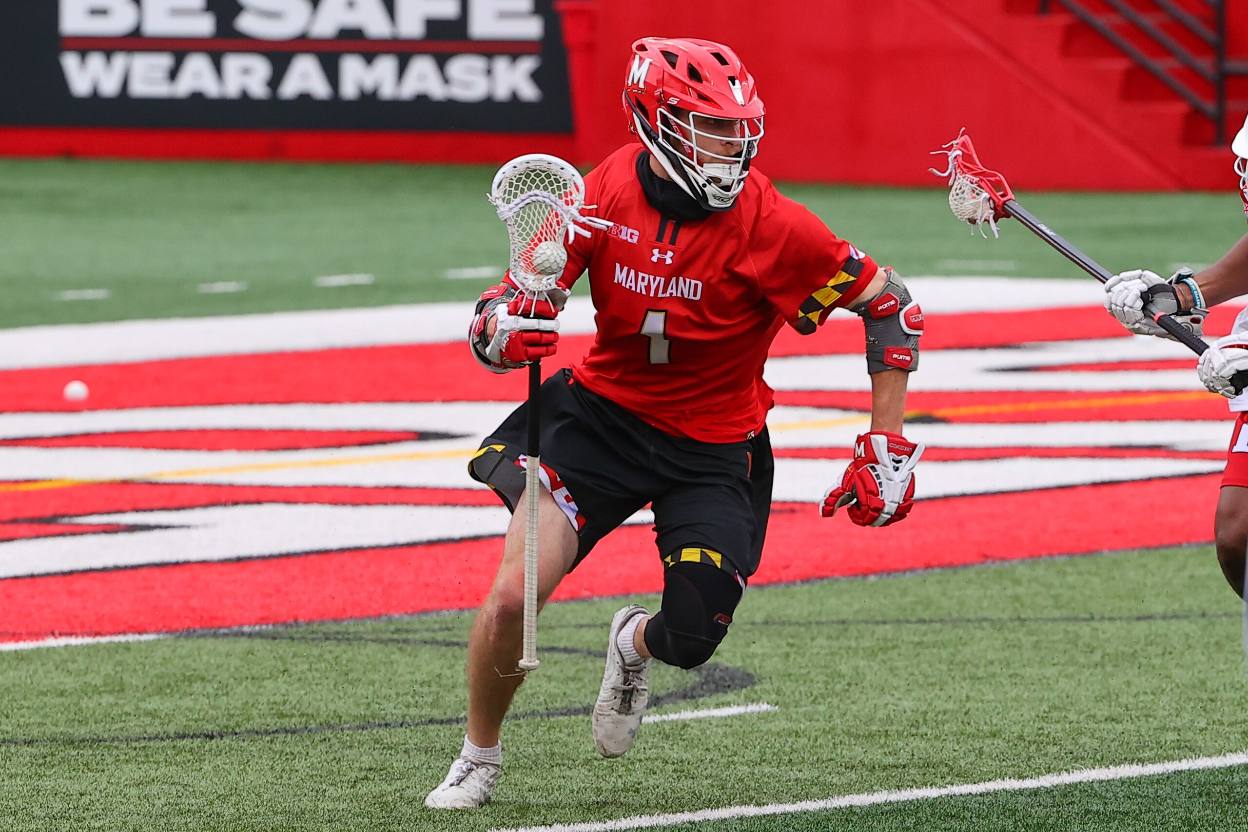 PISCATAWAY, NJ - MARCH 28:  Maryland Terrapins attakman Jared Bernhardt (1) controls the ball during the college lacrosse game between the Rutgers Scarlet Knights and the Maryland Terrapins on March 28, 2021 at SHI Stadium in Piscataway NJ. (Photo by Rich Graessle/Icon Sportswire via Getty Images)