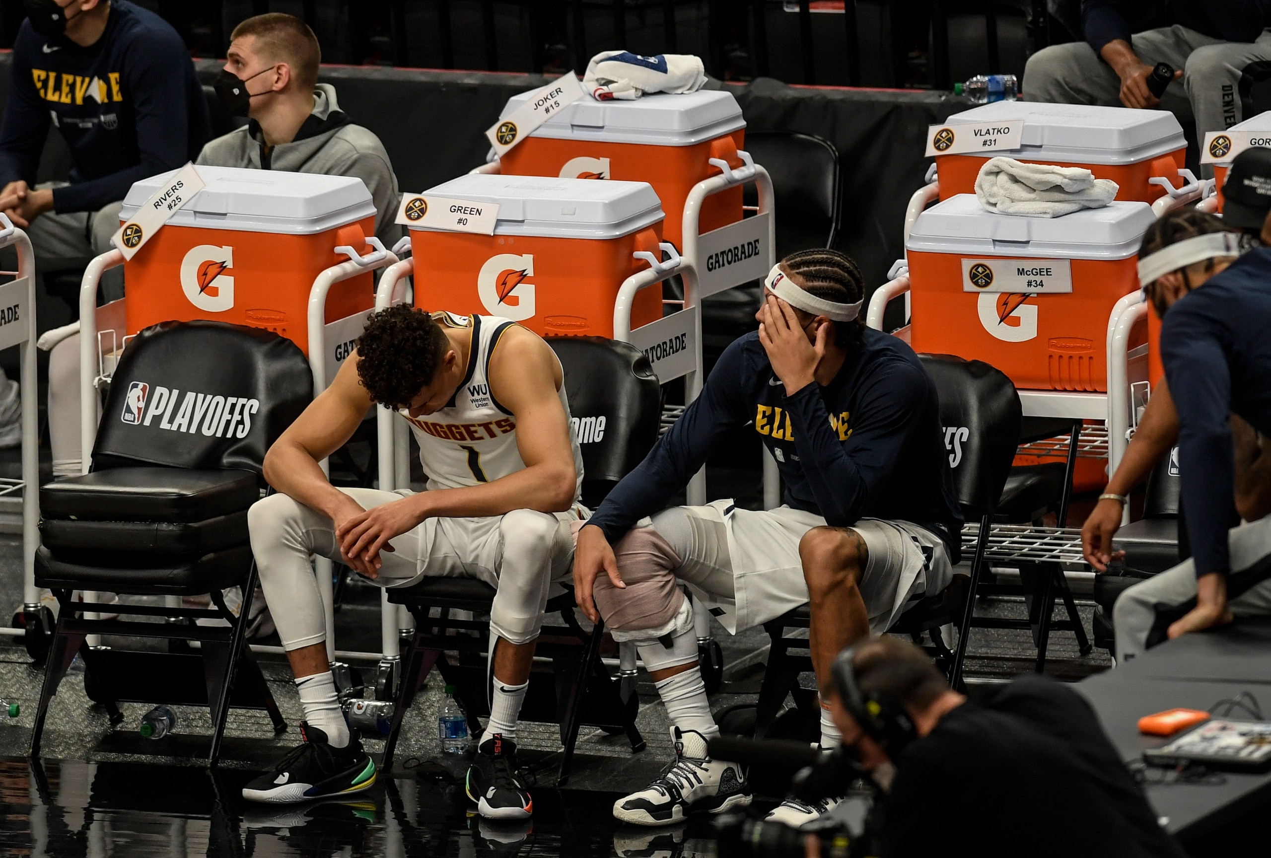 PORTLAND, OR - MAY 29: Michael Porter Jr. (1) and Aaron Gordon (50) of the Denver Nuggets sit on the bench during the third quarter against the Portland Trail Blazers at Moda Center on Saturday, May 29, 2021. (Photo by AAron Ontiveroz/MediaNews Group/The Denver Post via Getty Images)