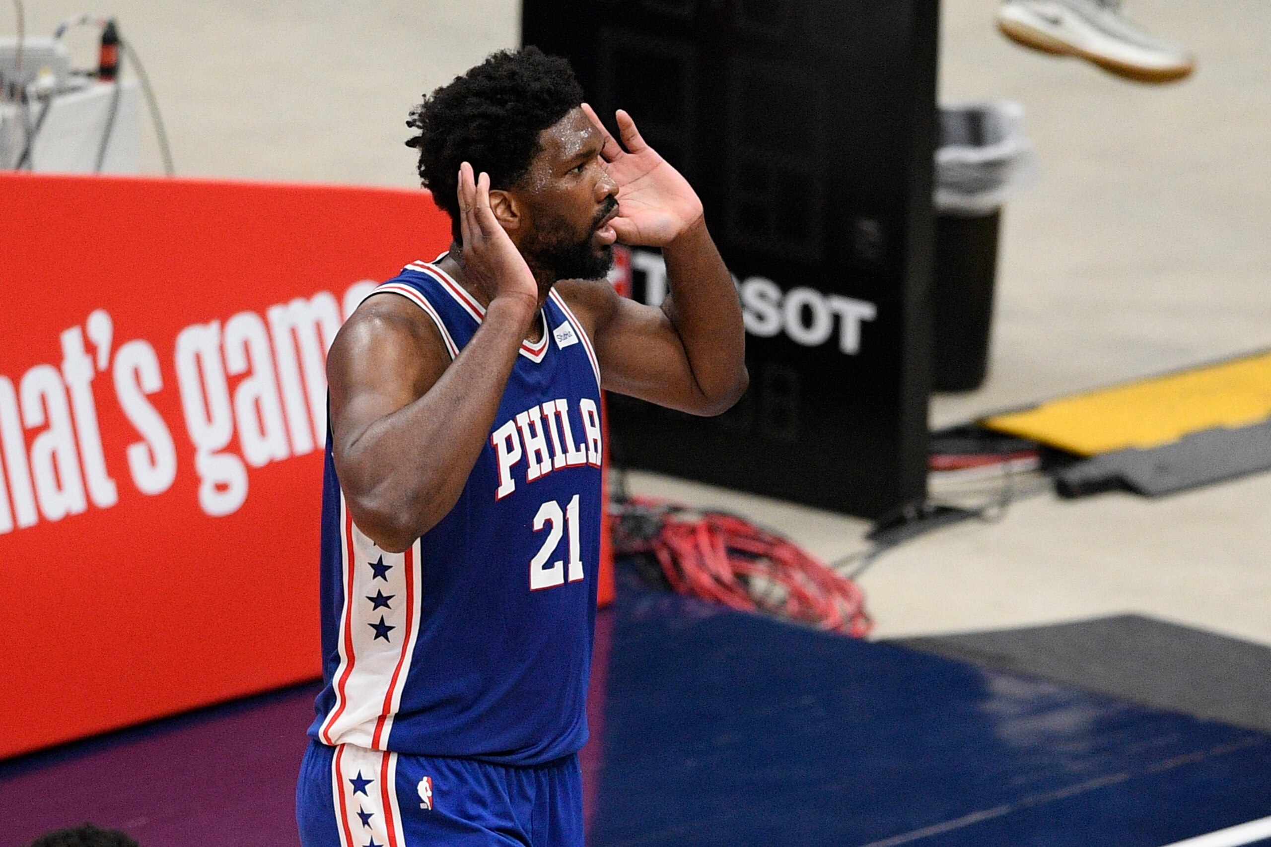 Philadelphia 76ers center Joel Embiid (21) gestures to the crowd after his dunk during the first half of Game 3 in a first-round NBA basketball playoff series against the Washington Wizards, Saturday, May 29, 2021, in Washington. (AP Photo/Nick Wass) Philadelphia 76ers center Joel Embiid (21) gestures to the crowd after his dunk during the first half of Game 3 in a first-round NBA basketball playoff series against the Washington Wizards, Saturday, May 29, 2021, in Washington. (AP Photo/Nick Wass)