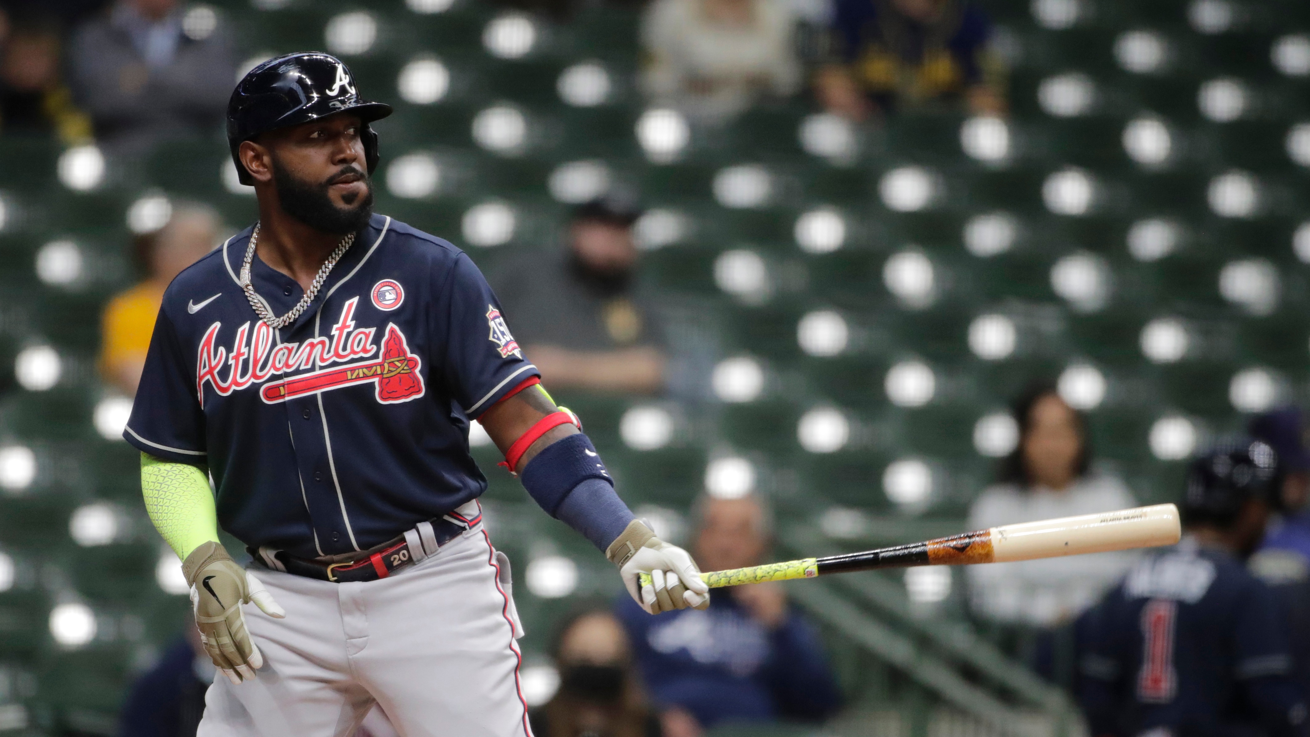 Atlanta Braves' Marcell Ozuna bats during the first inning of a baseball game against the Milwaukee Brewers Saturday, May 15, 2021, in Milwaukee. (AP Photo/Aaron Gash)
