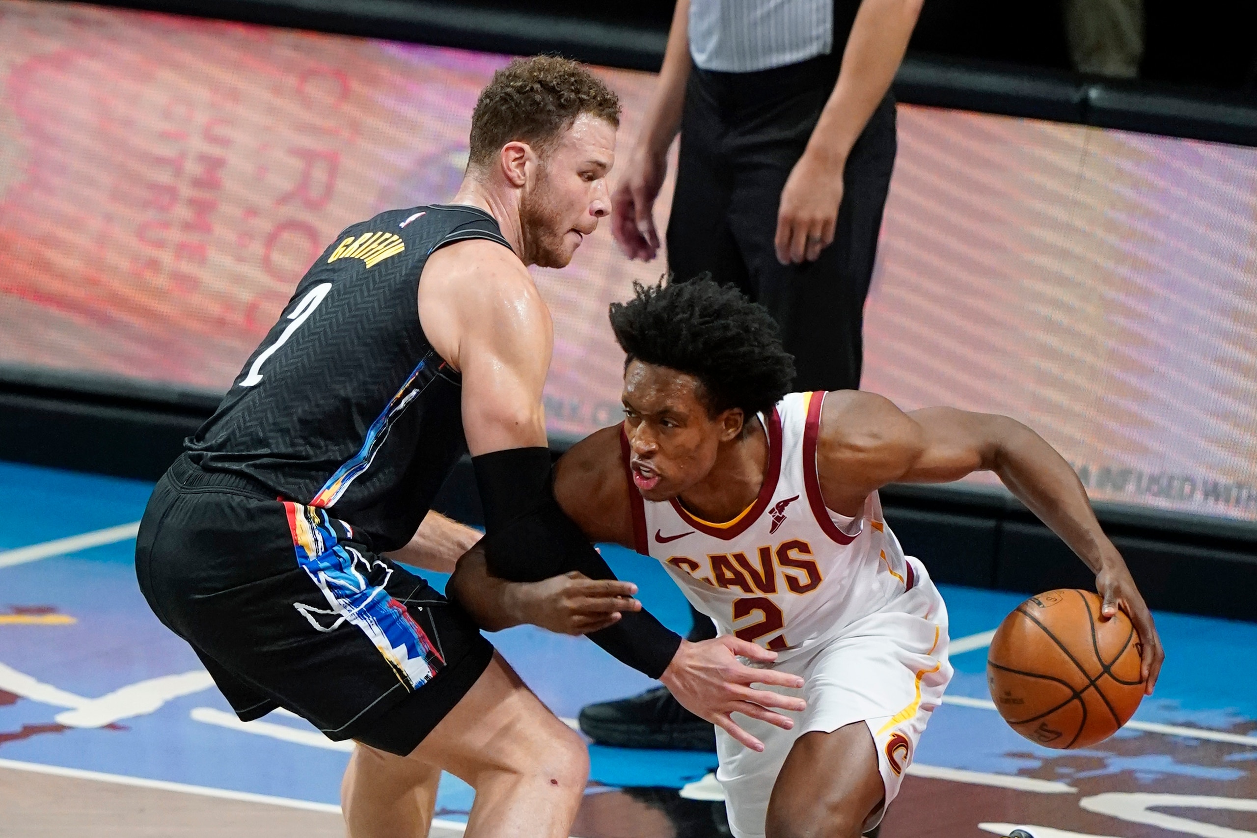 Brooklyn Nets' Blake Griffin, left, defends Cleveland Cavaliers' Collin Sexton, right, during the first half of an NBA basketball game Sunday, May 16, 2021, in New York. (AP Photo/Frank Franklin II) Brooklyn Nets' Blake Griffin, left, defends Cleveland Cavaliers' Collin Sexton, right, during the first half of an NBA basketball game Sunday, May 16, 2021, in New York. (AP Photo/Frank Franklin II)