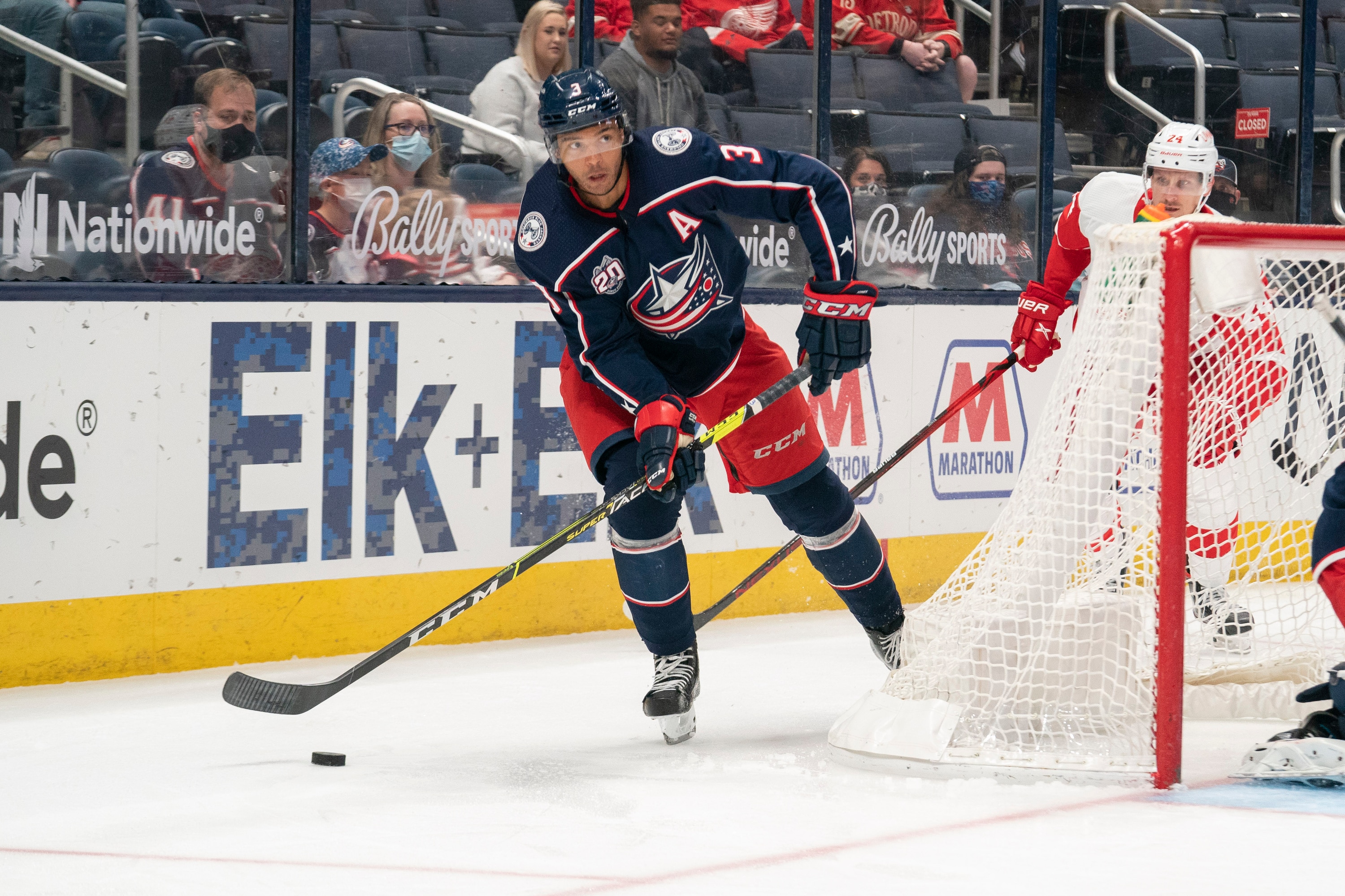 COLUMBUS, OH - MAY 08: Seth Jones #3 of the Columbus Blue Jackets passes the puck during the game between the Columbus Blue Jackets and the Detroit Red Wings at Nationwide Arena in Columbus, Ohio on May 8, 2021. (Photo by Jason Mowry/Icon Sportswire via Getty Images)