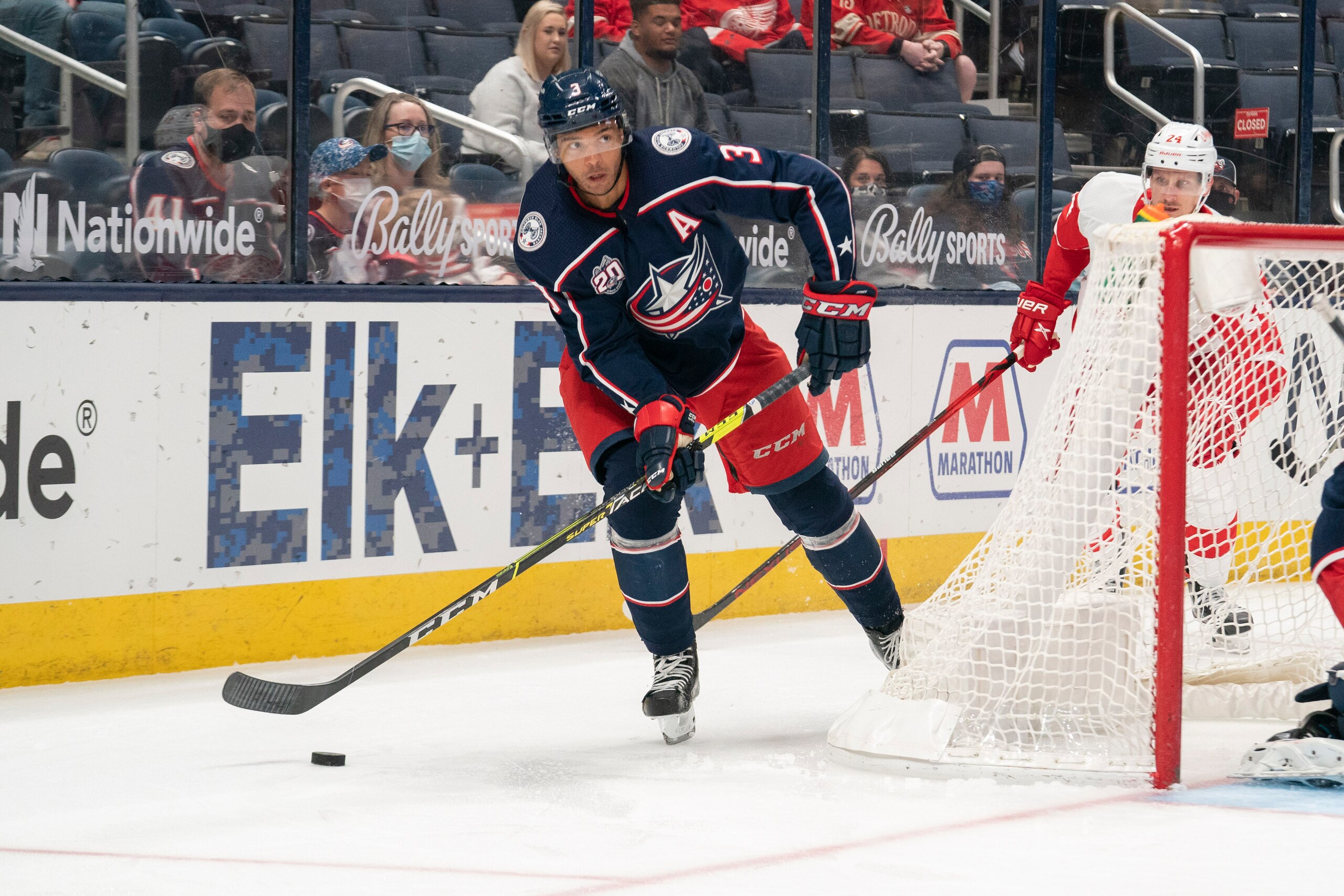 COLUMBUS, OH - MAY 08: Seth Jones #3 of the Columbus Blue Jackets passes the puck during the game between the Columbus Blue Jackets and the Detroit Red Wings at Nationwide Arena in Columbus, Ohio on May 8, 2021. (Photo by Jason Mowry/Icon Sportswire via Getty Images) COLUMBUS, OH - MAY 08: Seth Jones #3 of the Columbus Blue Jackets passes the puck during the game between the Columbus Blue Jackets and the Detroit Red Wings at Nationwide Arena in Columbus, Ohio on May 8, 2021. (Photo by Jason Mowry/Icon Sportswire via Getty Images)