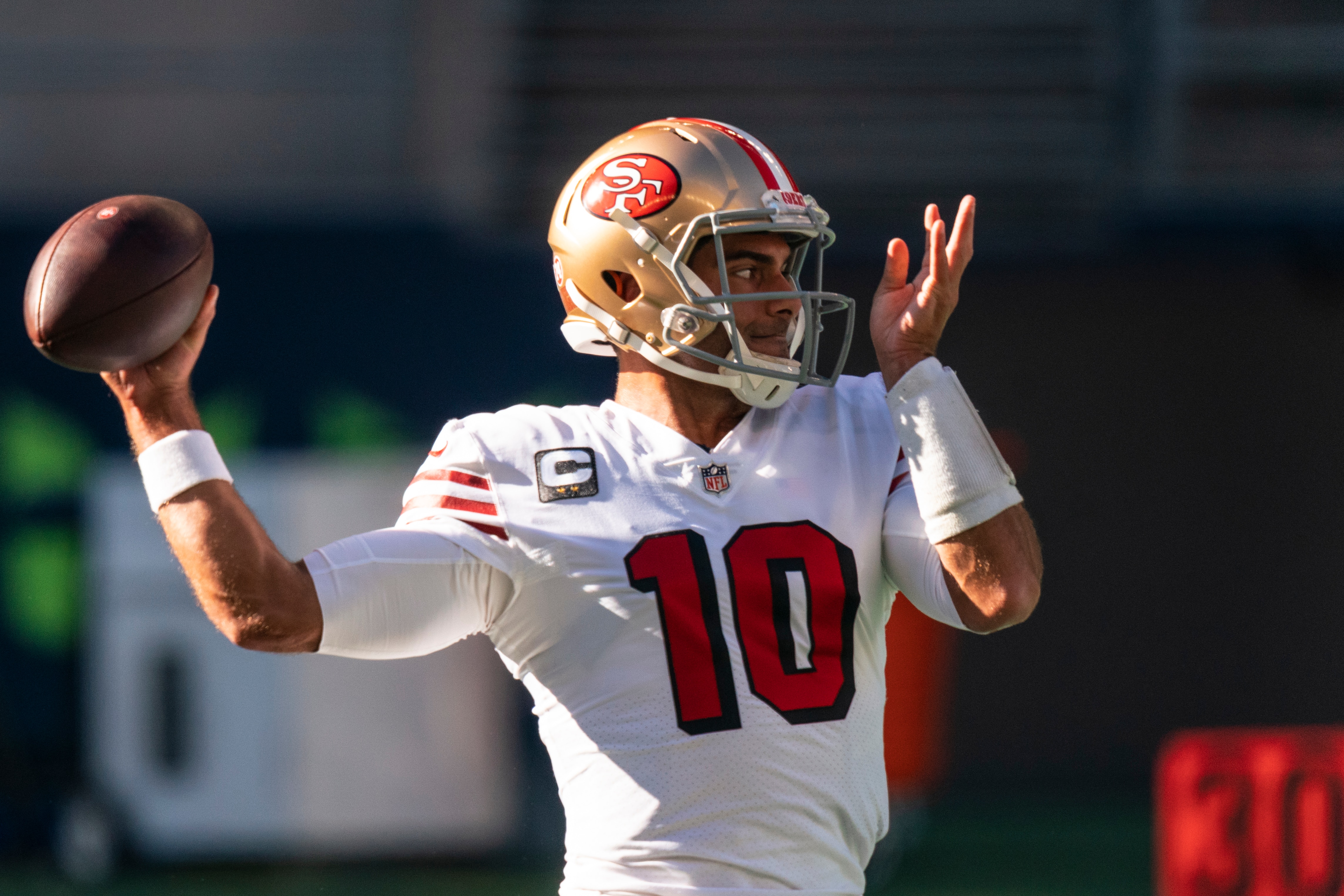 San Francisco 49ers quarterback Jimmy Garoppolo looks to pass during warmups before an NFL football game against the Seattle Seahawks, Sunday, Nov. 1, 2020, in Seattle. The Seahawks won 37-27. (AP Photo/Stephen Brashear)